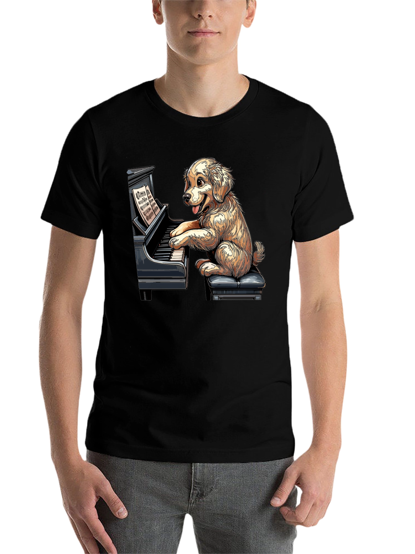 Black Dog Playing Piano Graphic Tee - Unisex Black T-Shirt view 7
