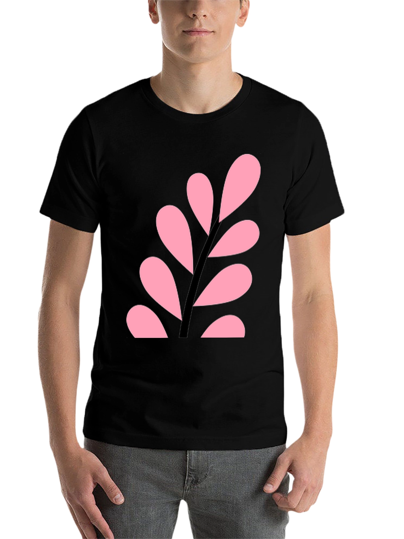 Black Pink Leaf Design Black T-Shirt view 7