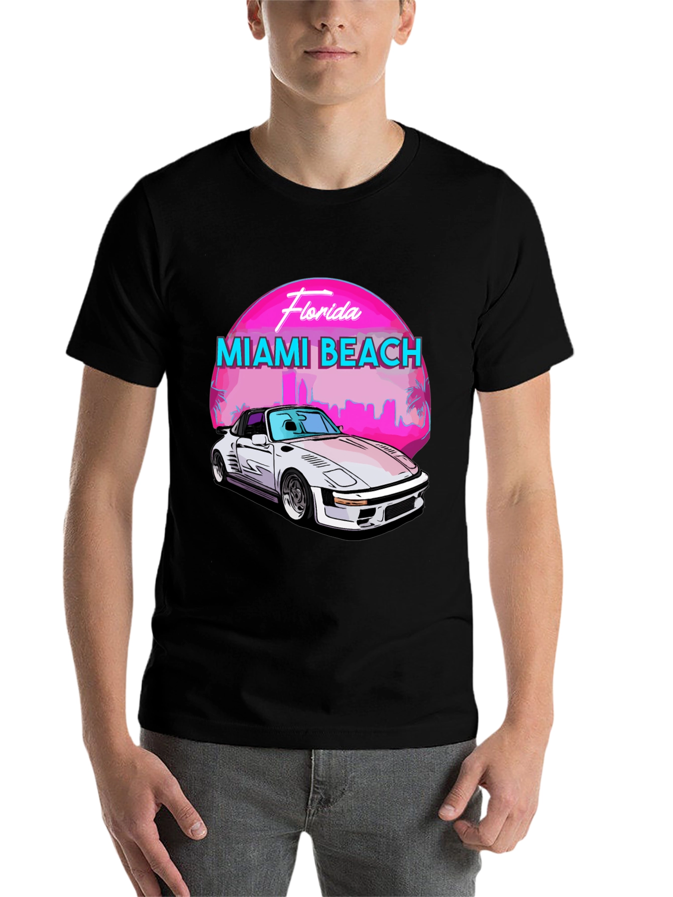 Black Miami Beach Florida T-Shirt - Retro Car Design view 7