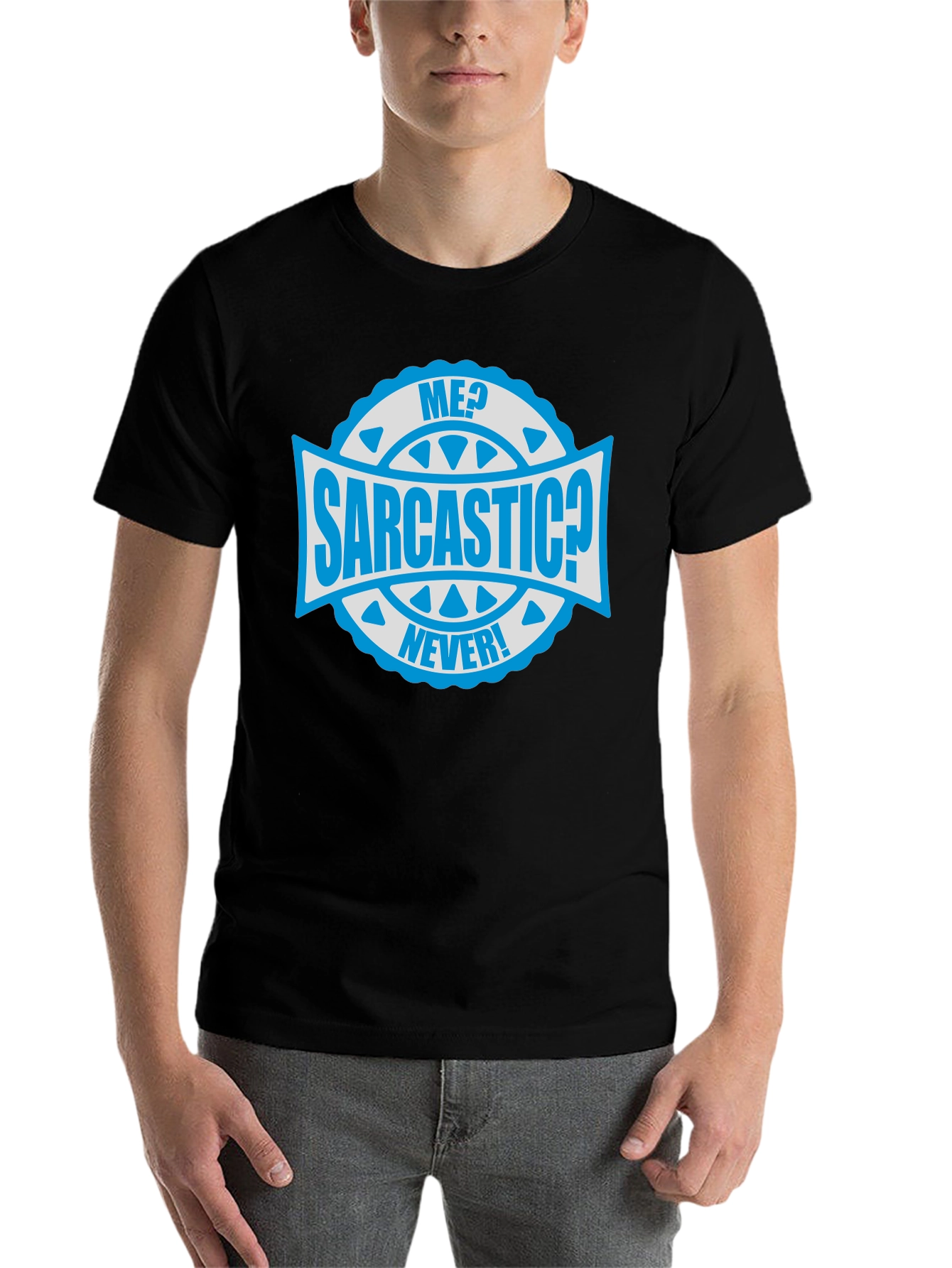 Black Sarcastic Never! Graphic Tee - Mens Black Cotton T-Shirt view 7