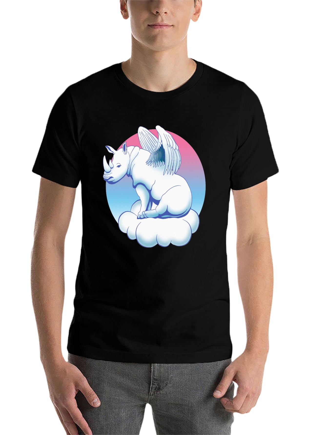 Black Winged Rhino on Cloud Graphic Tee - Black view 7