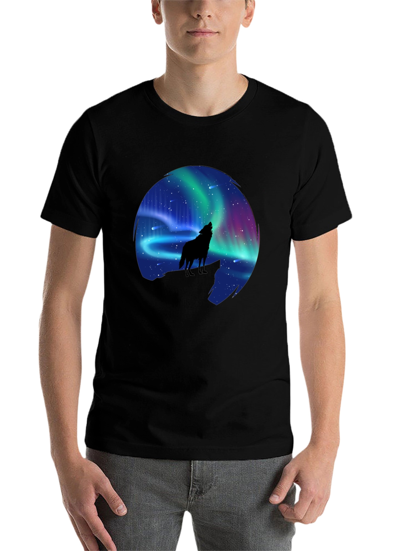 Black Wolf Aurora Borealis Graphic T-Shirt view 7