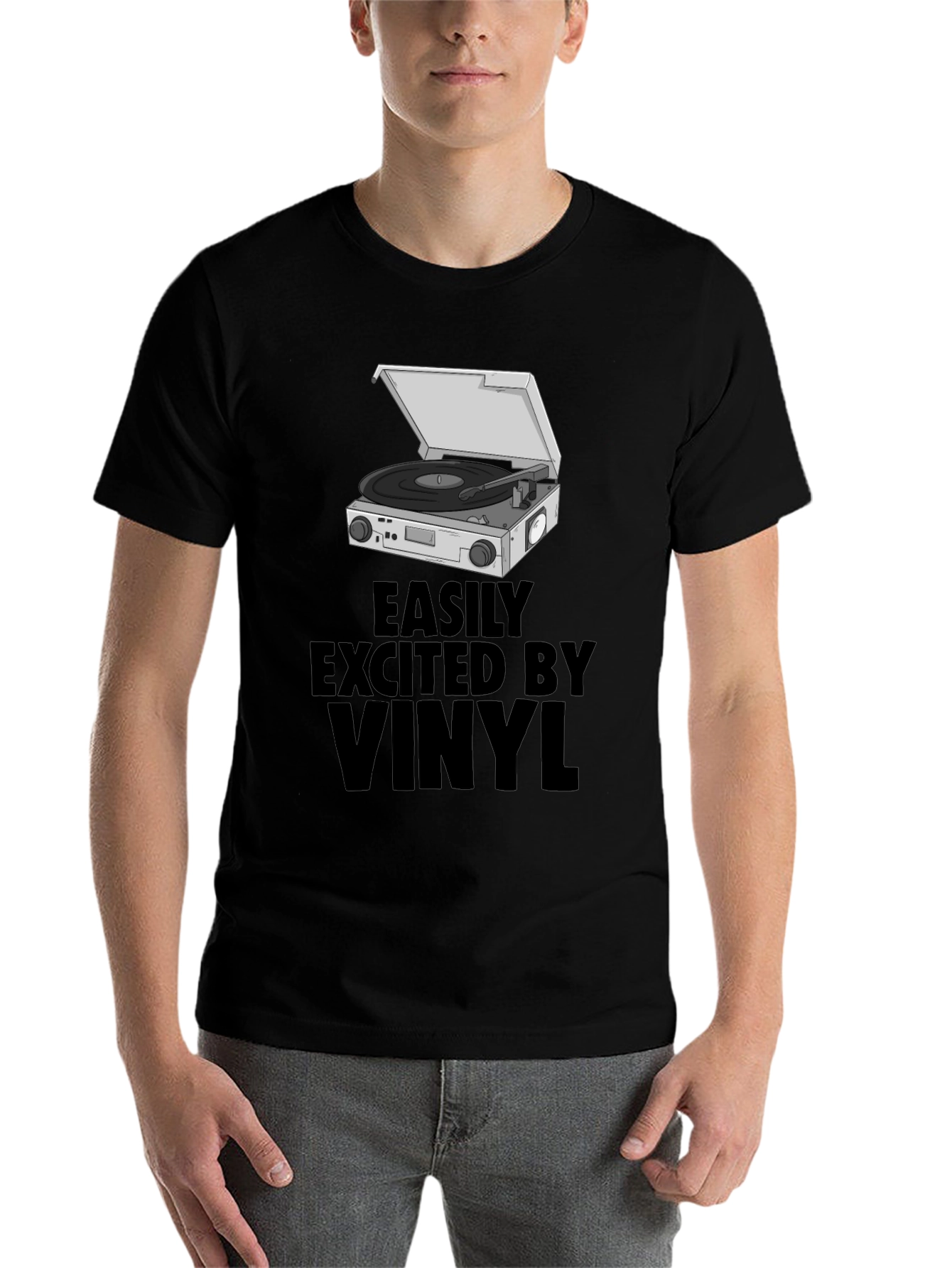 Black Vinyl Record Player T-Shirt - Easily Excited view 7