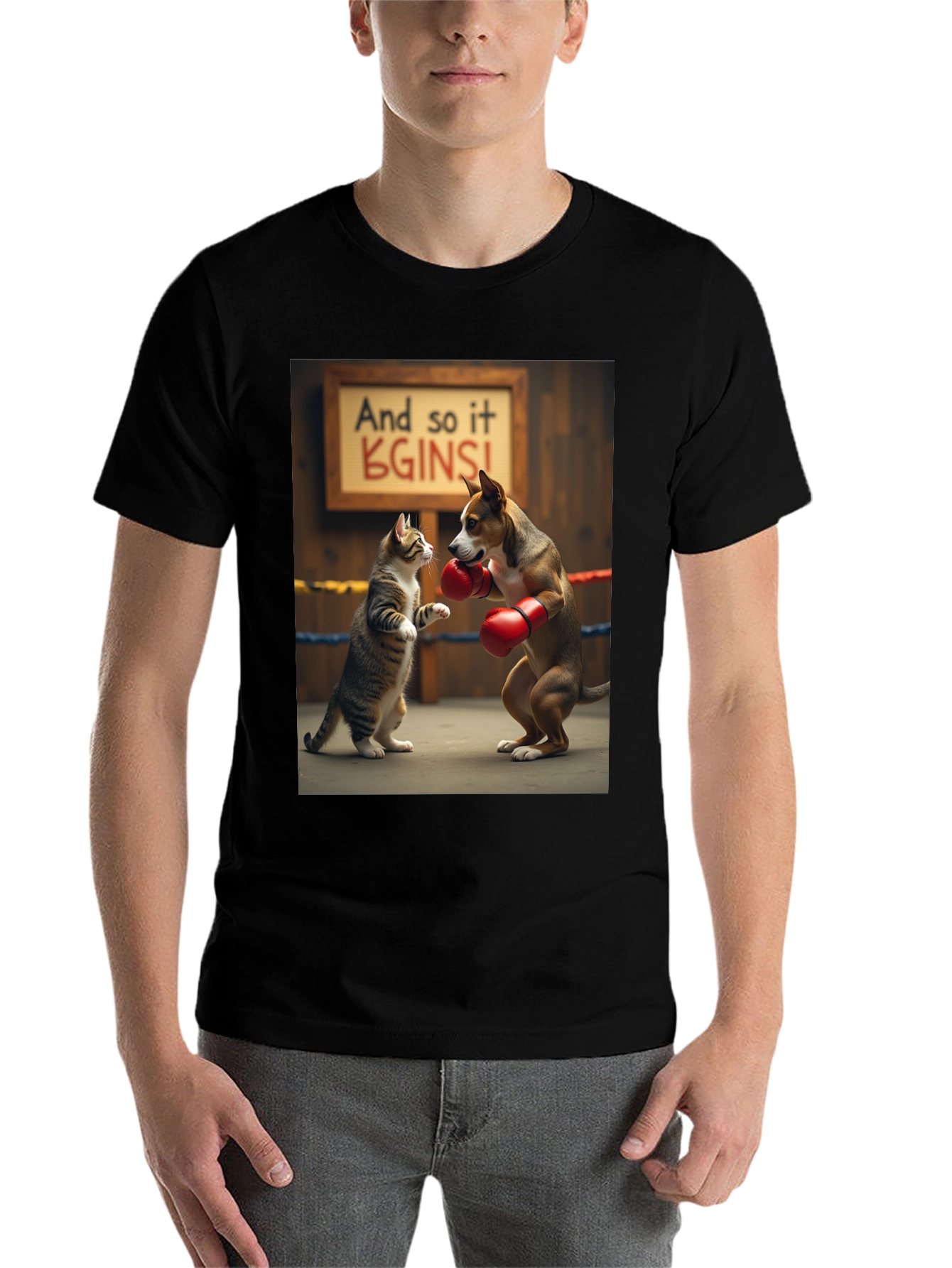 Black Boxing Cat and Dog Graphic Tee view 7