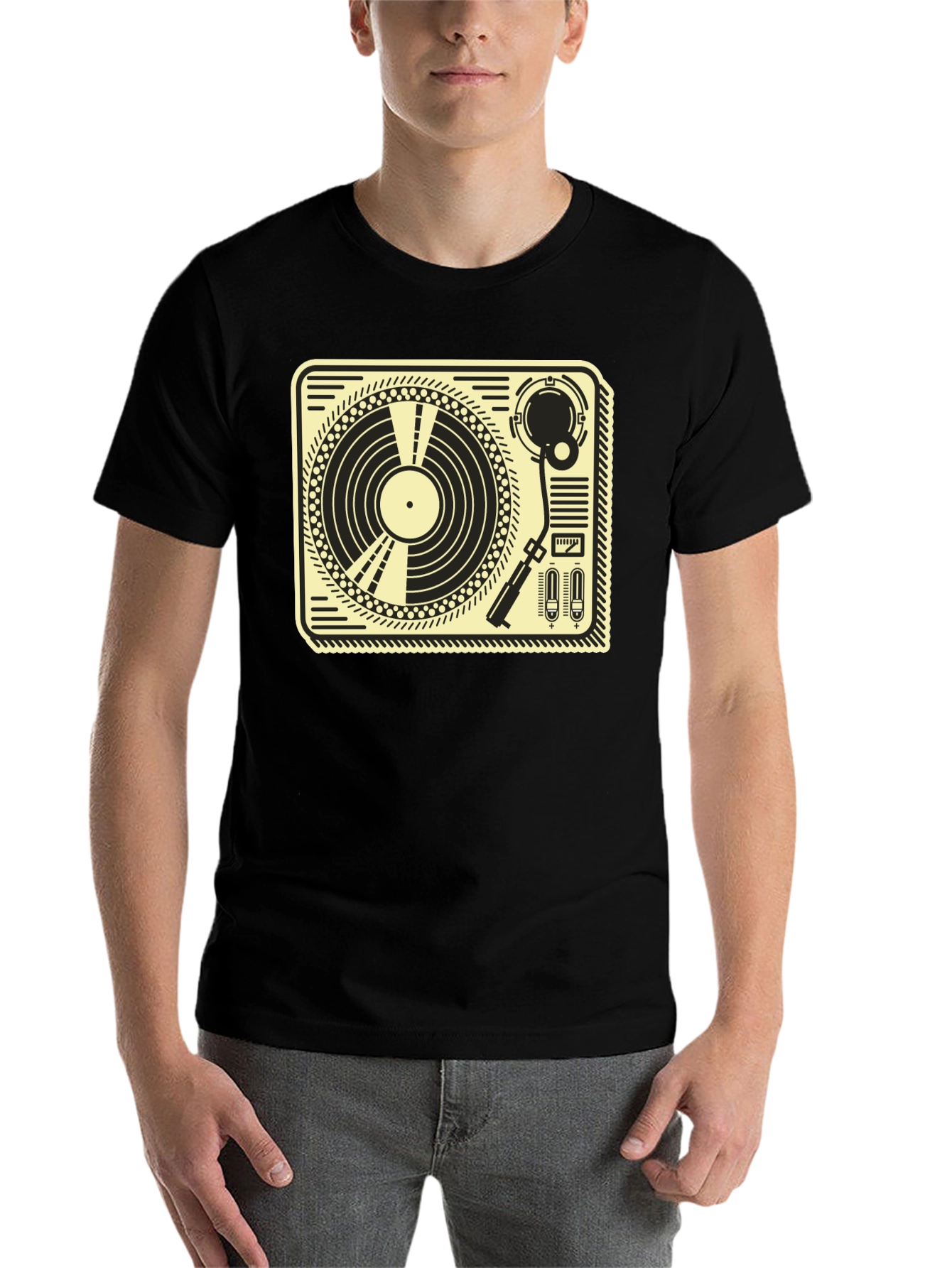 Black Retro Turntable Graphic Tee - Black Cotton T-Shirt view 7