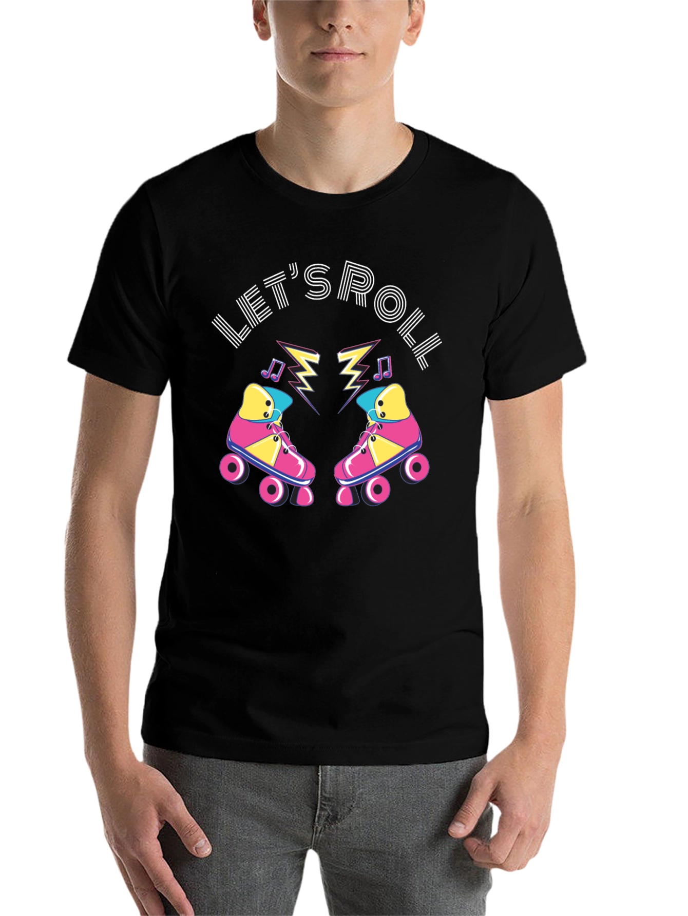 Black Let's Roll Retro Roller Skate Graphic T-Shirt view 7