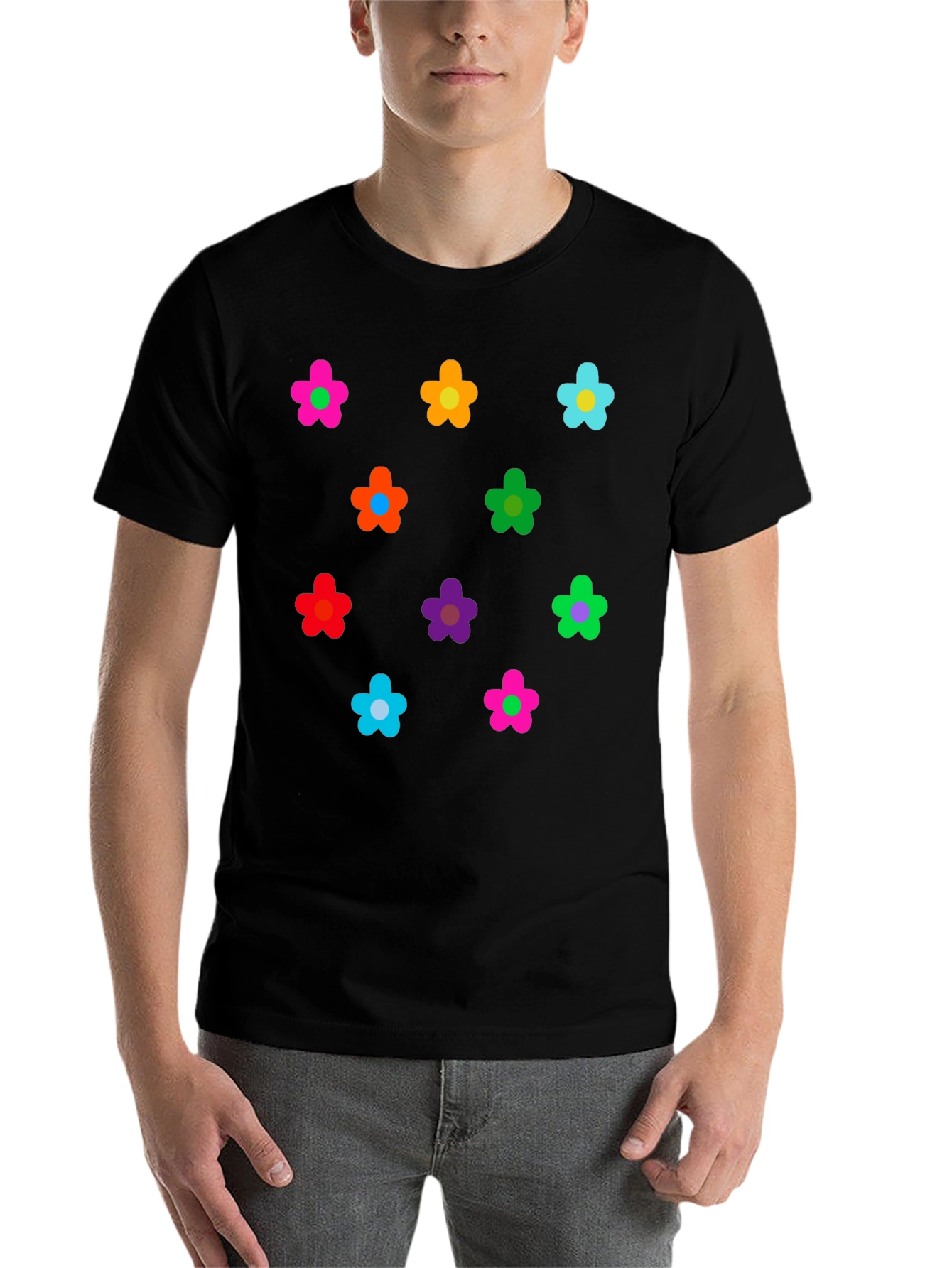 Black Colorful Flower Pattern Black T-Shirt view 7