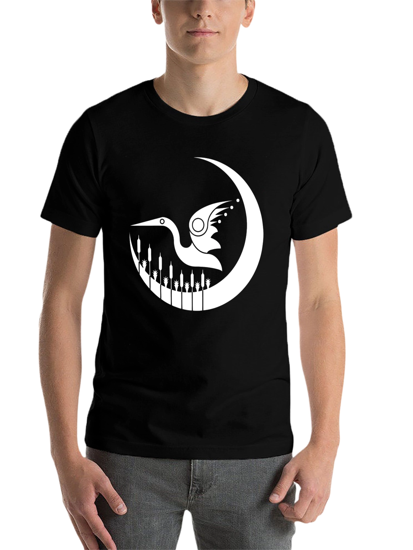 Black Stylized Heron Graphic Print Black T-Shirt view 7