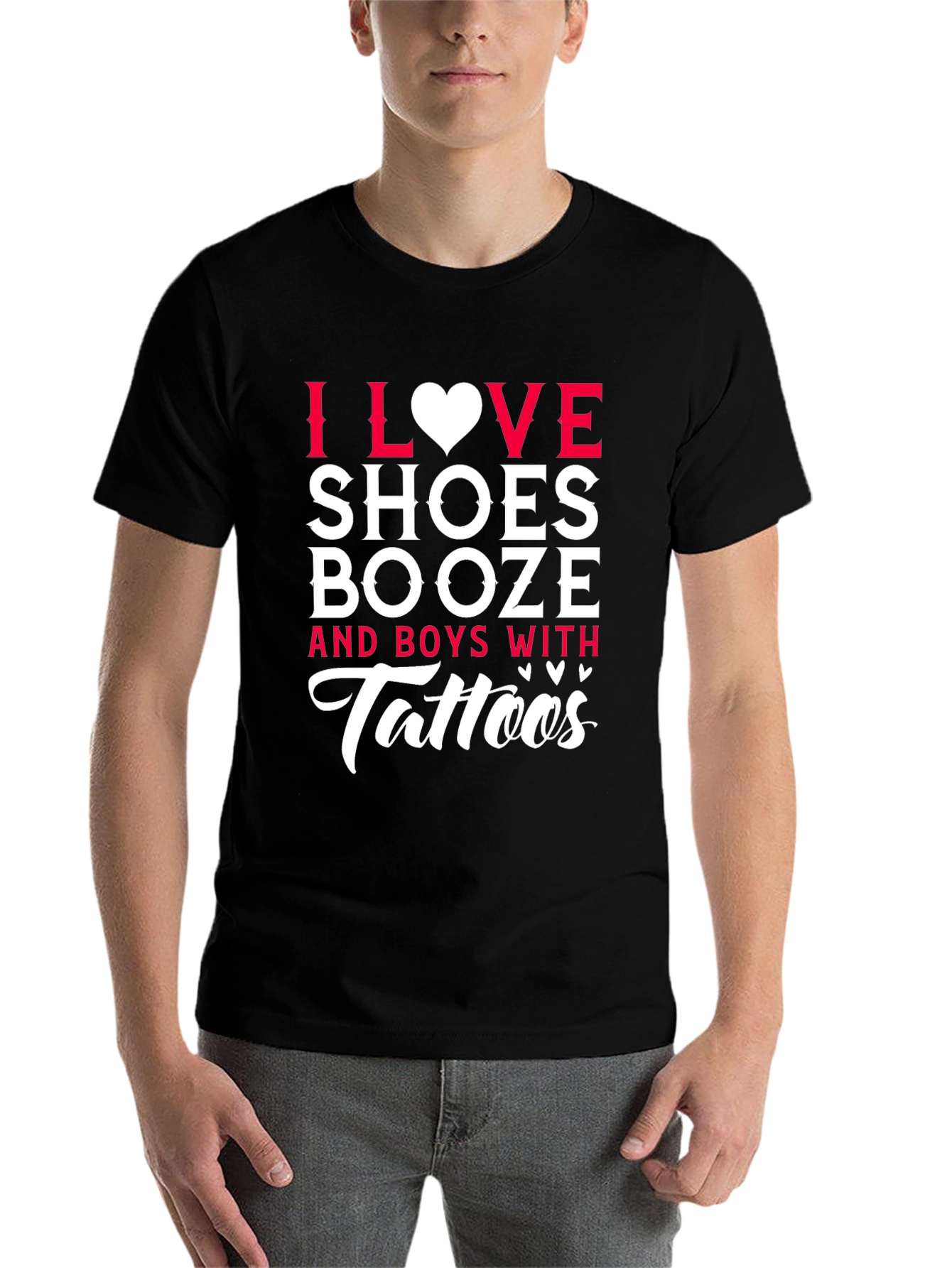 I Love Shoes Booze & Boys With Tattoos Black T-Shirt - 7
