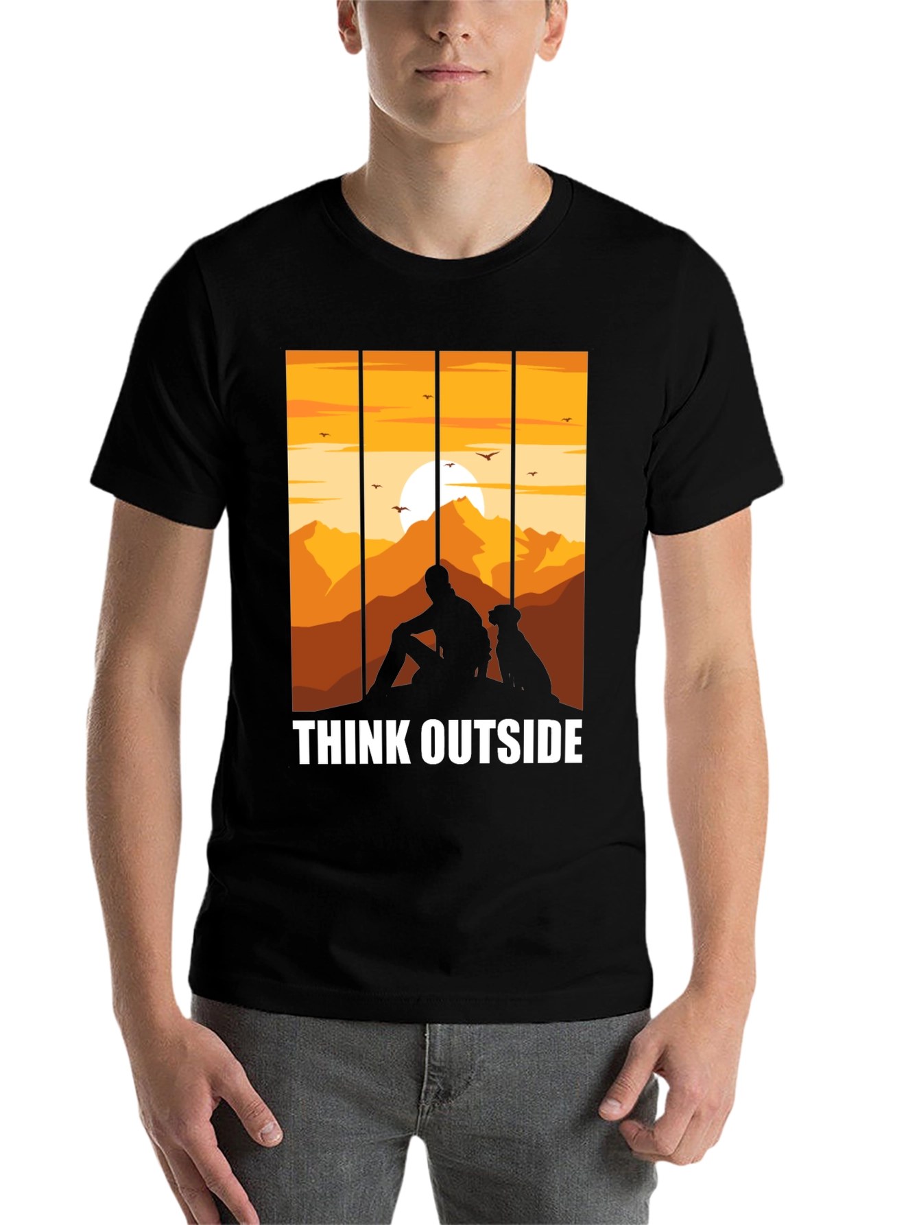 Black Think Outside Black T-Shirt, Man and Dog Sunset Graphic Tee view 7