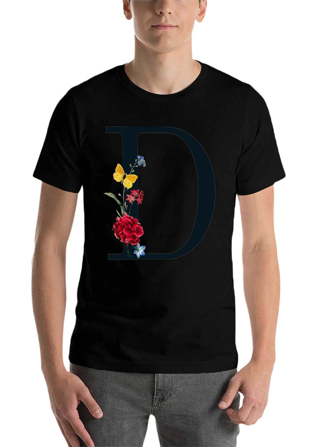 Black Floral Initial 'D' Graphic Tee - Elegant Design view 7