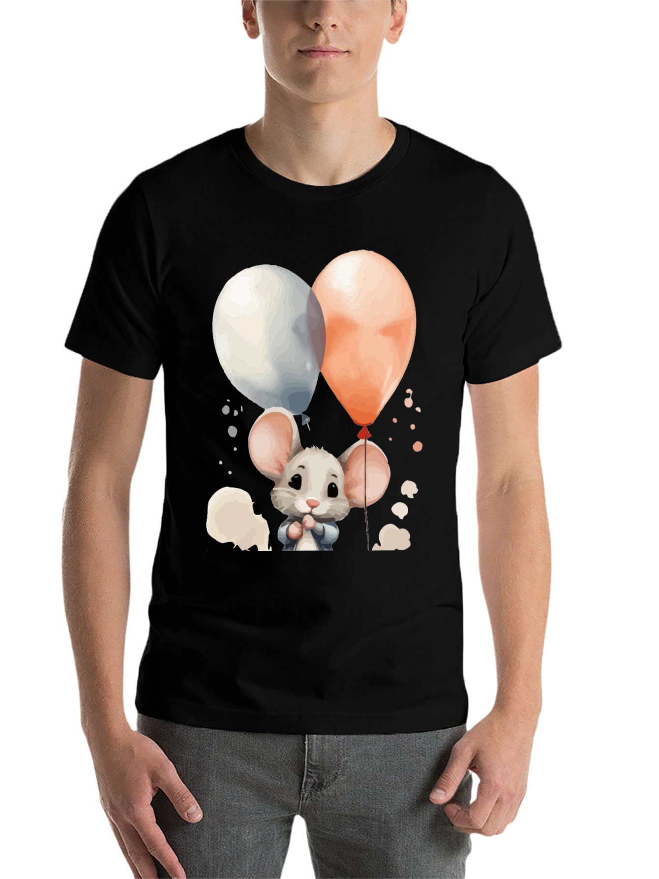Black Cute Mouse Balloons Graphic Tee - Black Cotton Blend view 7