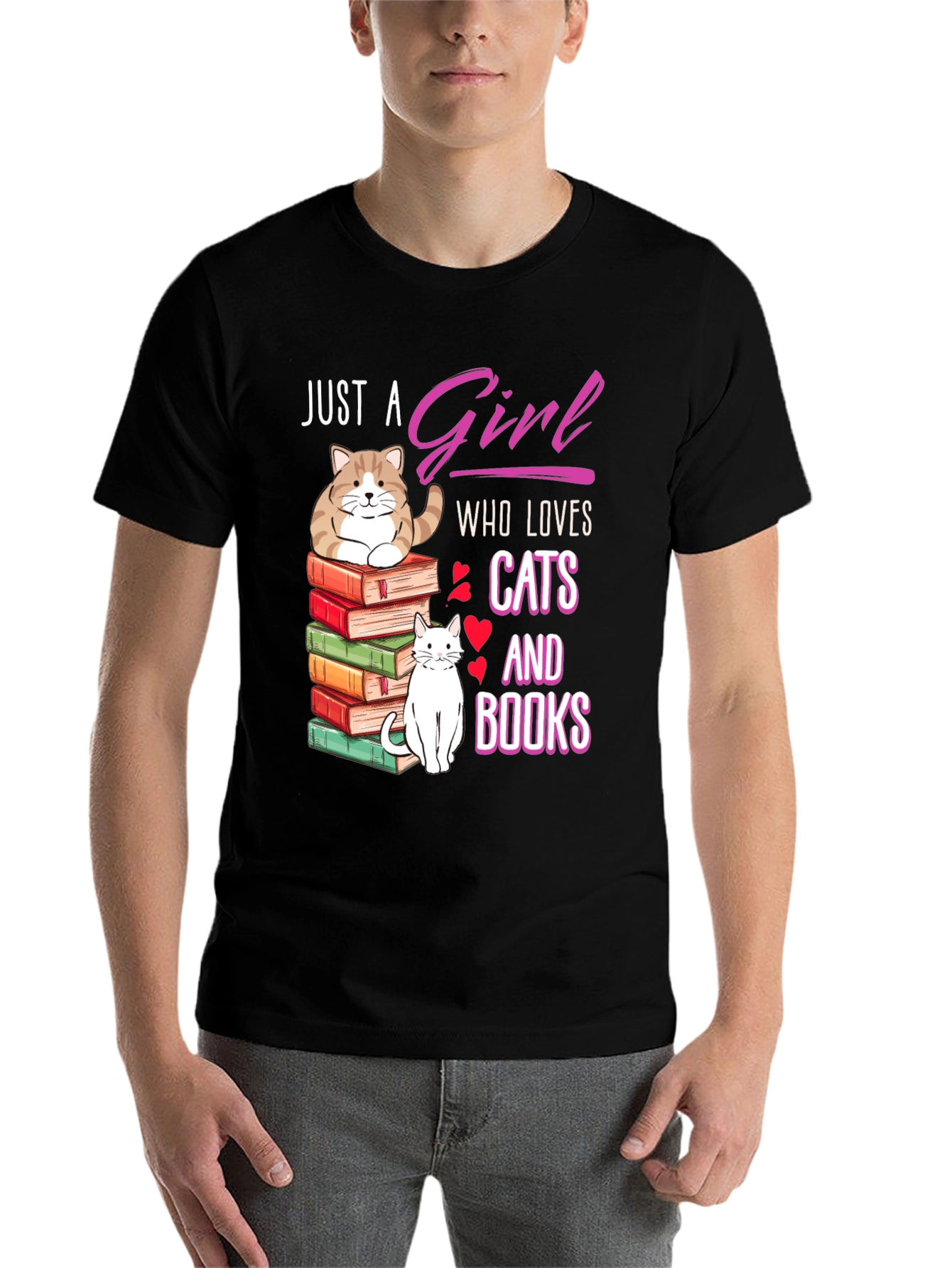 Black Just A Girl Who Loves Cats and Books T-Shirt view 7