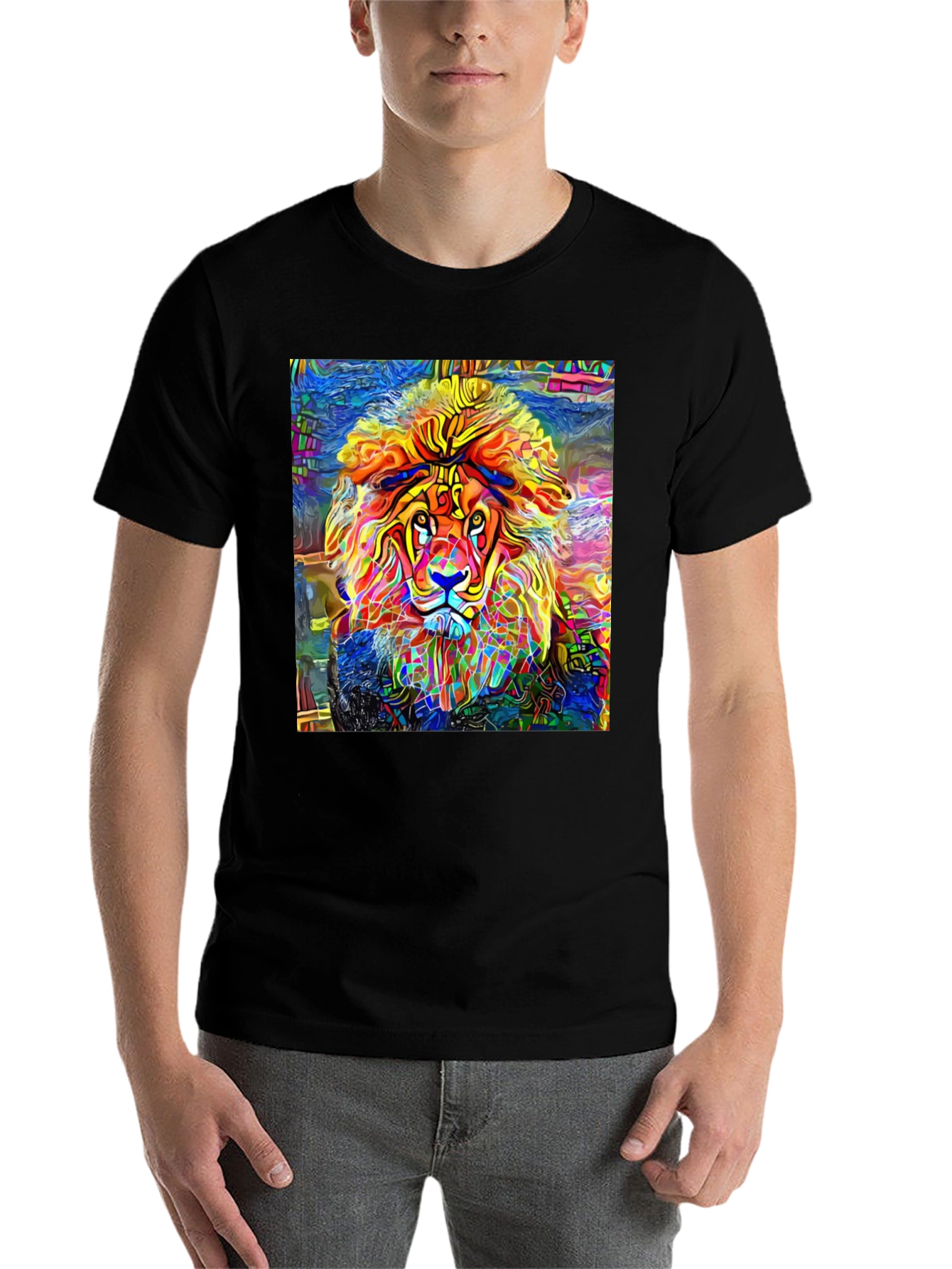 Black Vibrant Lion Graphic Black T-Shirt - Artistic Animal Tee view 7
