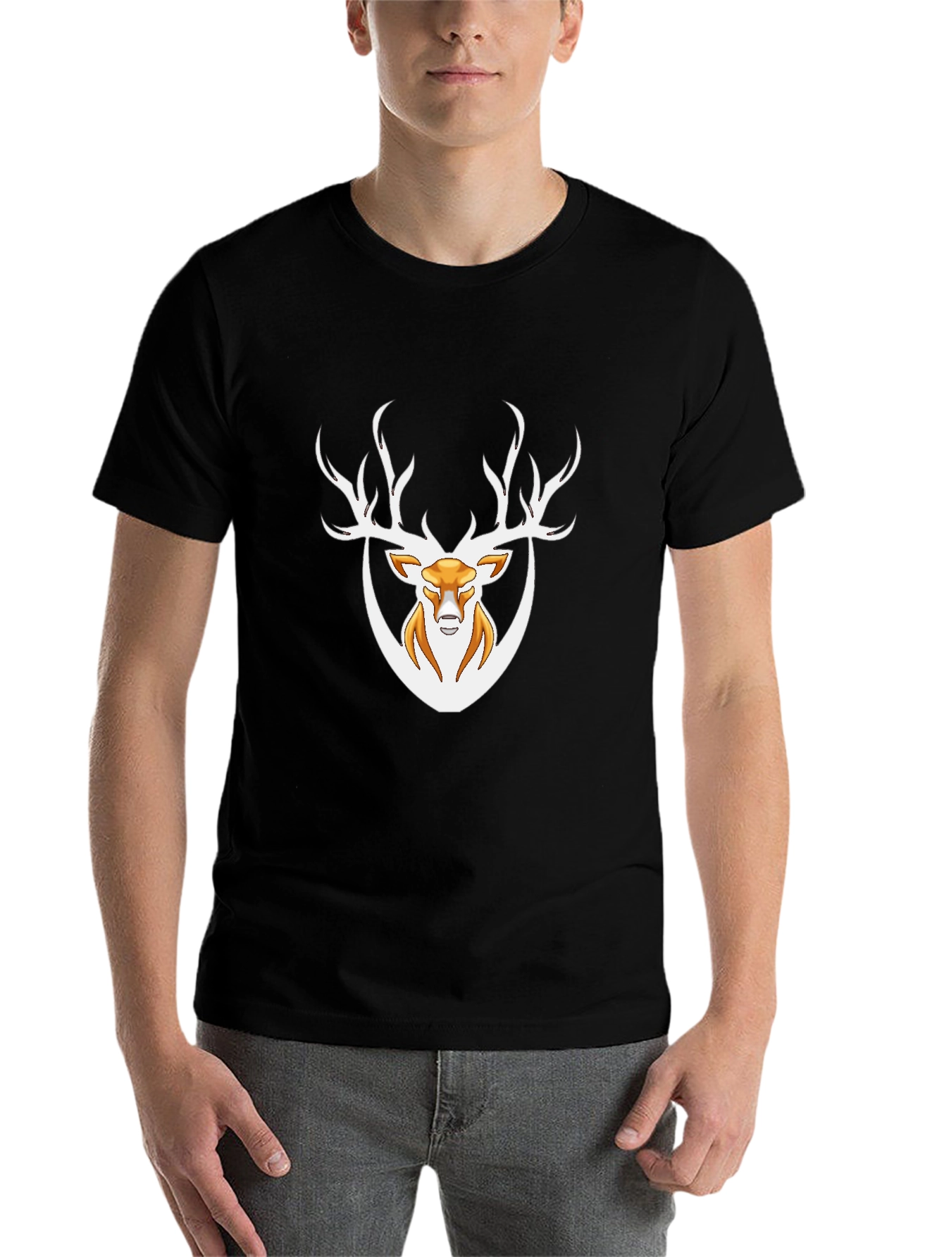 Black Men's Black T-Shirt with Deer Graphic view 7