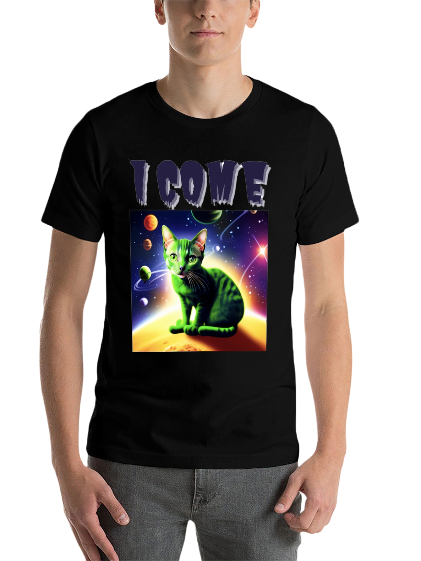 Black I Come In Peace Cat T-Shirt - Space Alien Green Kitty Tee view 7