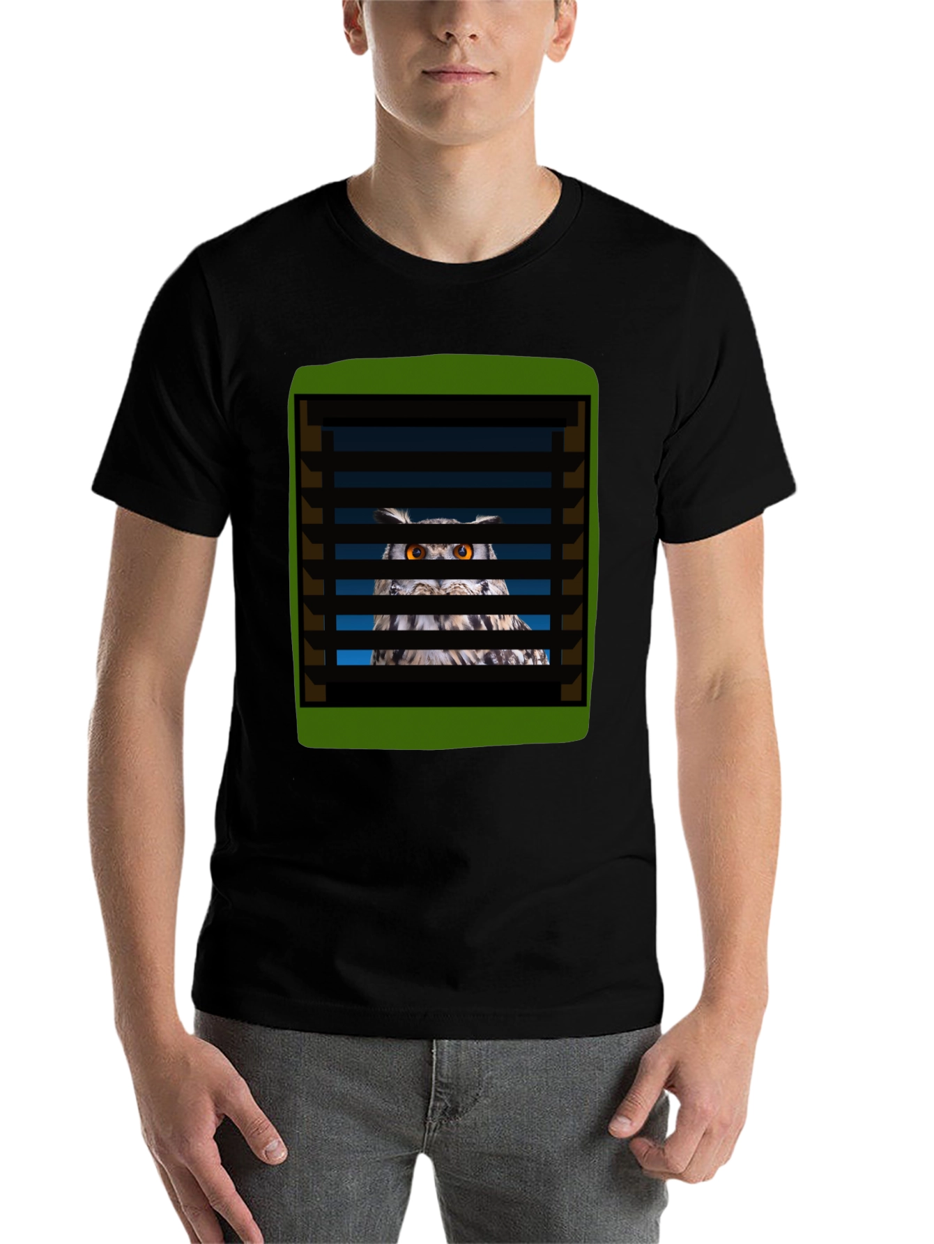 Black Owl Peeking Through Blinds Graphic T-Shirt view 7