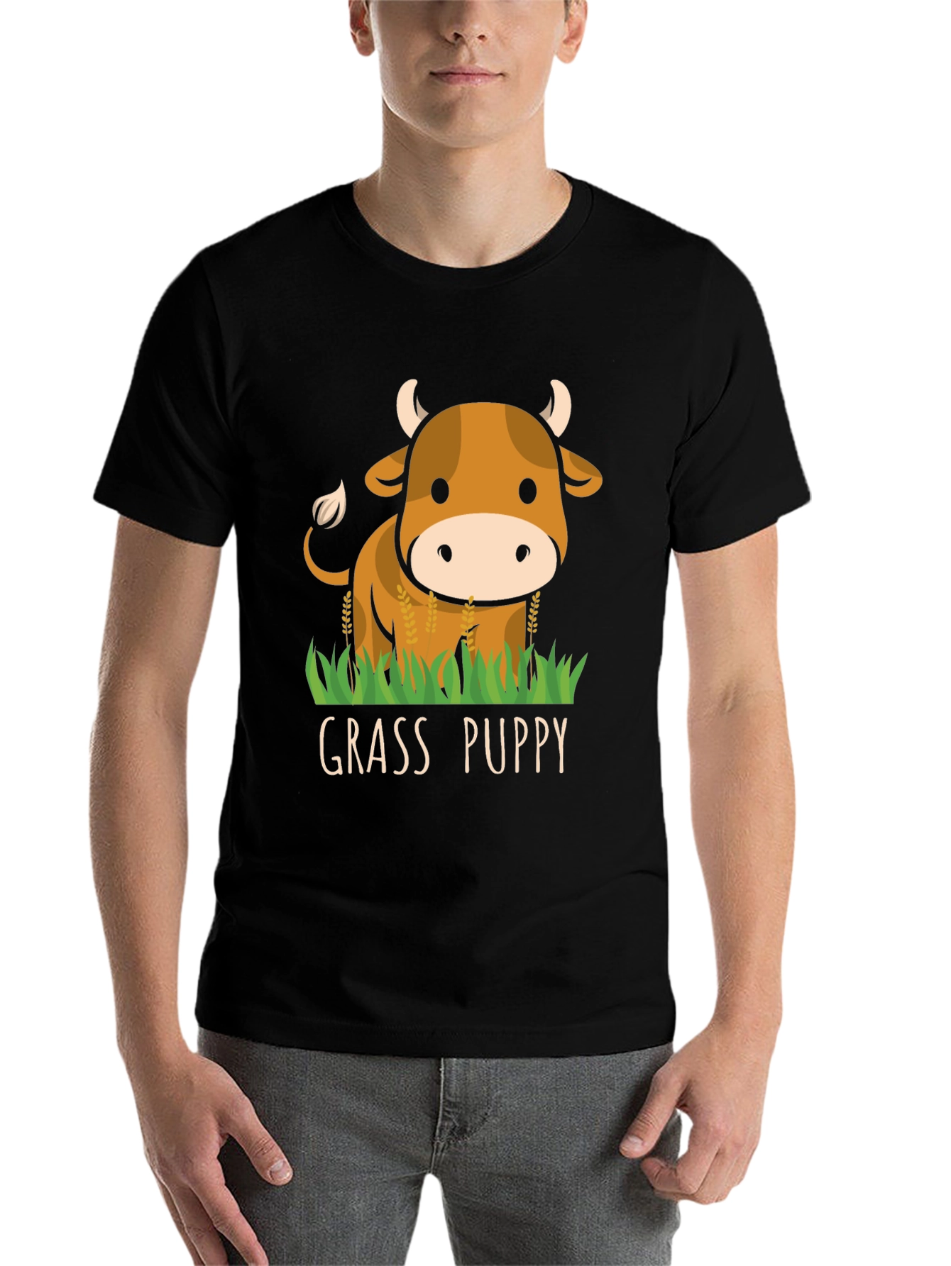 Black Grass Puppy Cute Cow Graphic T-Shirt view 7