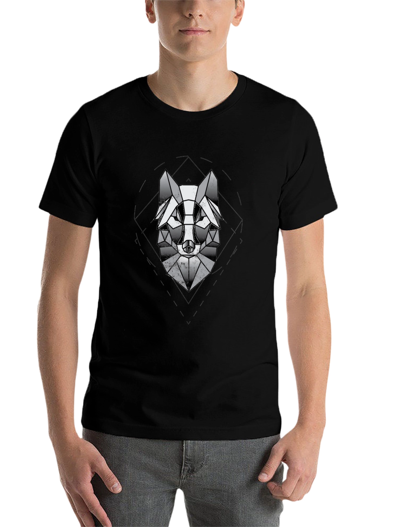 Black Geometric Wolf Graphic Black T-Shirt view 7