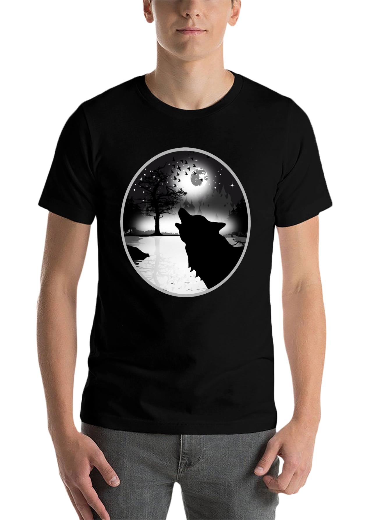 Black Wolf Howling at Moon Graphic Tee - Black view 7