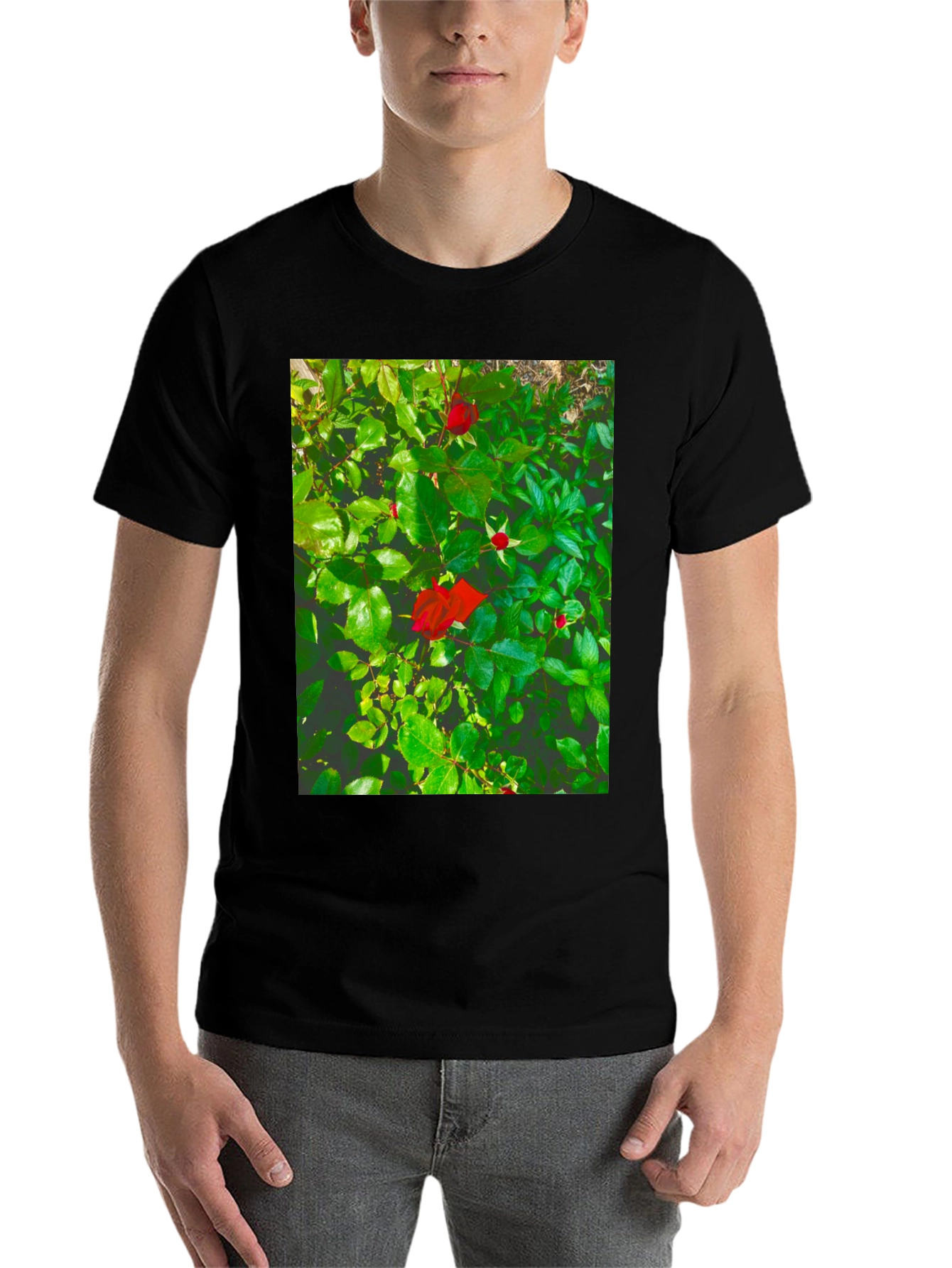 Black Rose Bush Graphic Tee - Nature Inspired Black T-Shirt view 7