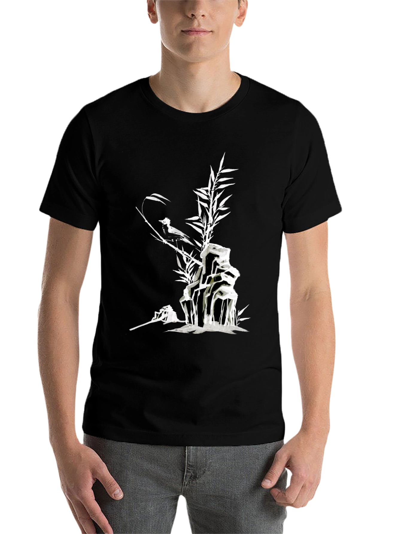 Black Men's Black T-Shirt with Bird and Bamboo Graphic view 7