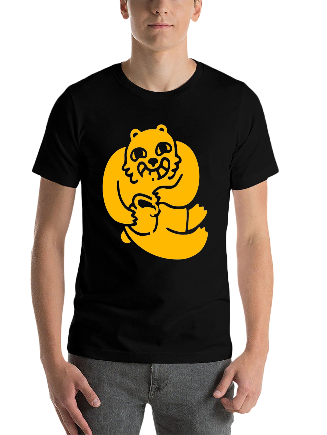 Black Men's Black Tee with Cartoon Bear Graphic view 7