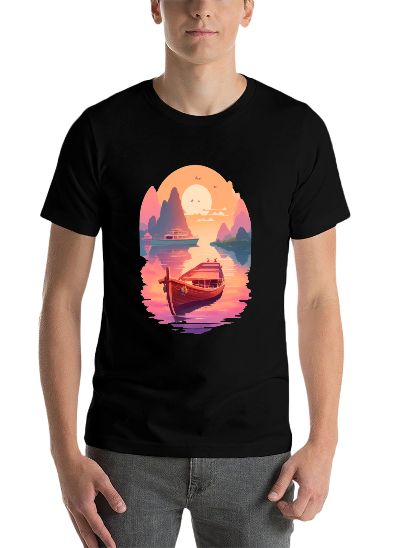 Boat Scene Graphic Tee - Retro Sunset Style - 7