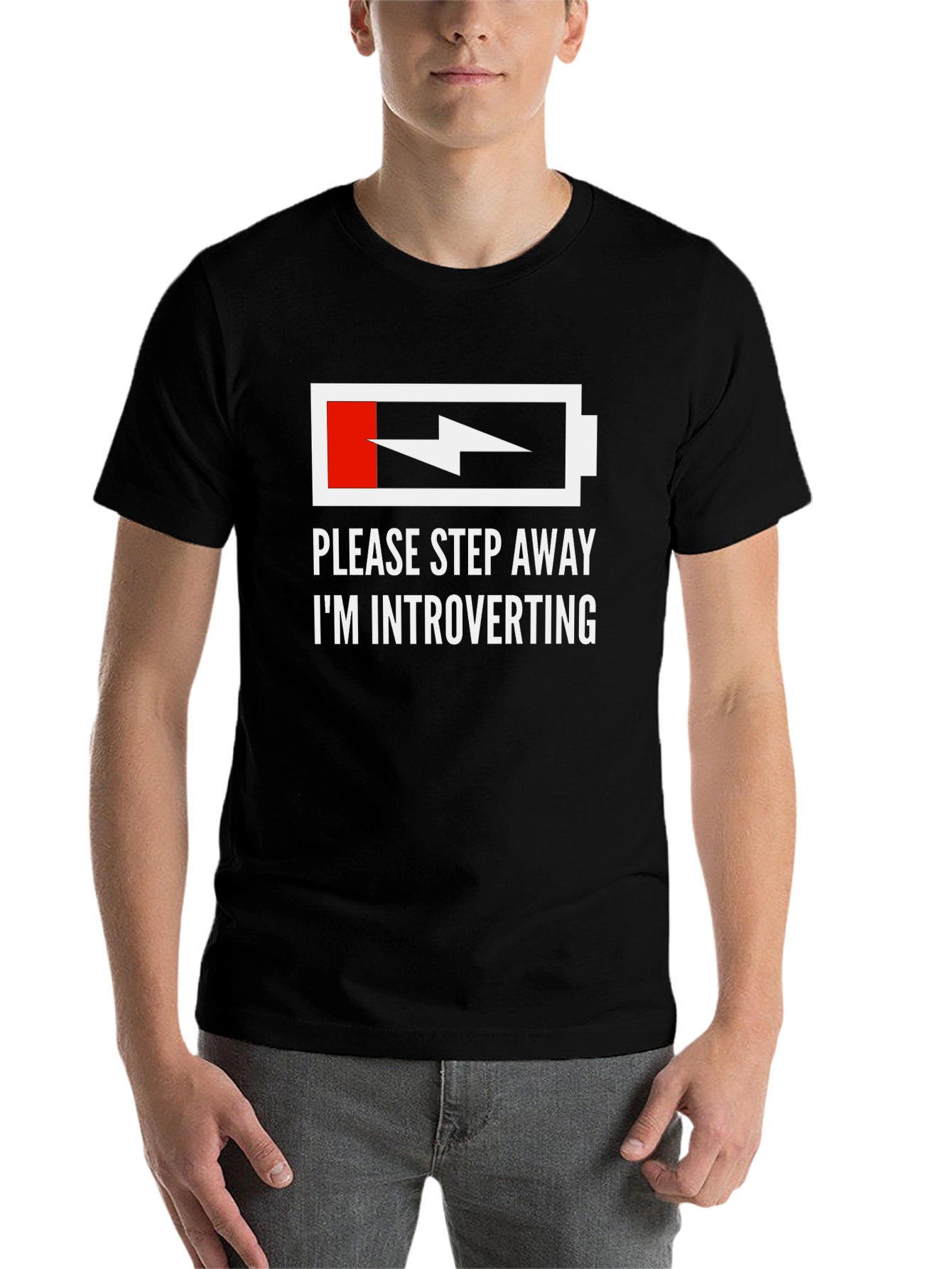 Black Introvert Humor T-Shirt - Low Battery Graphic Tee view 7