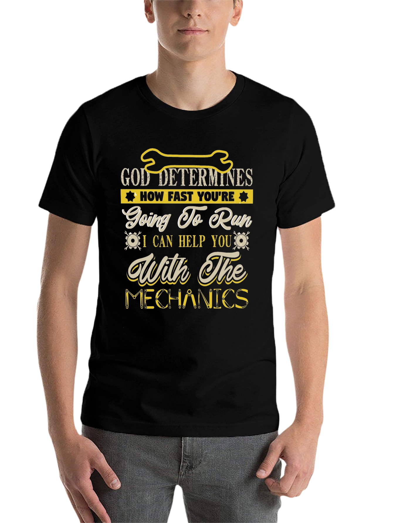 Black God Determines Mechanics Humor T-Shirt view 7
