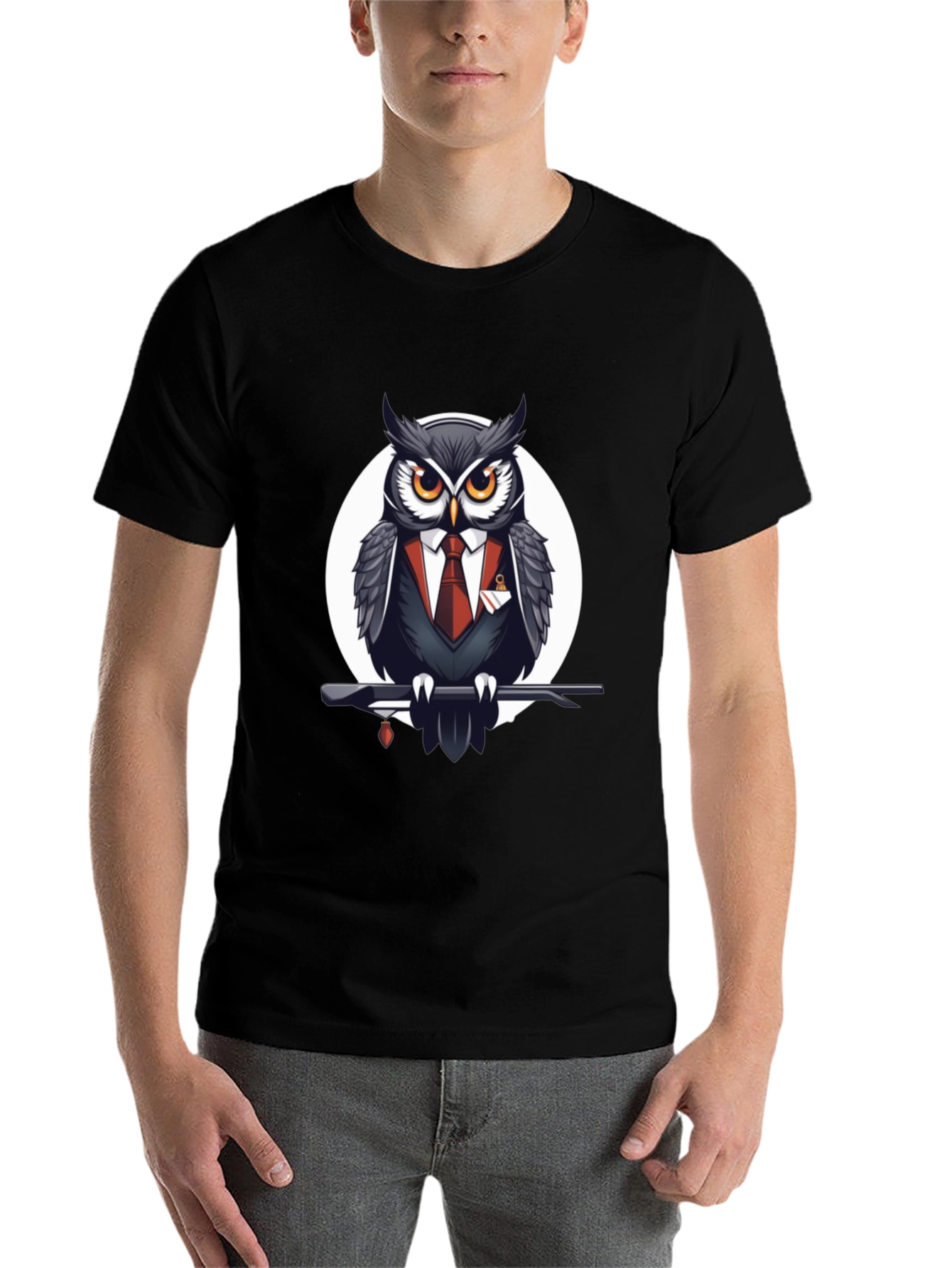 Black Owl in Suit Graphic Tee - Stylish Men's Black T-Shirt view 7