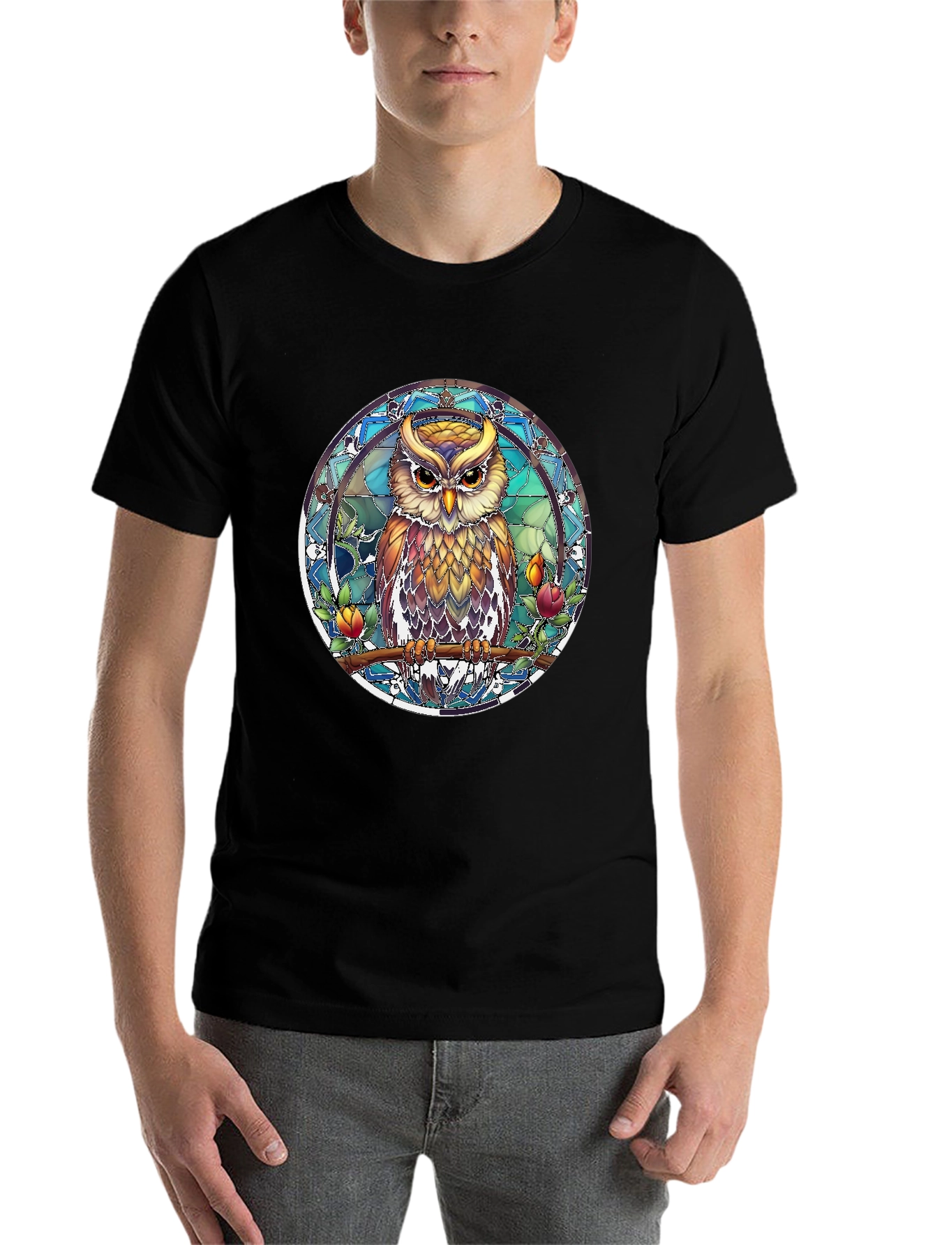 Black Owl Stained Glass Style Graphic Tee view 7