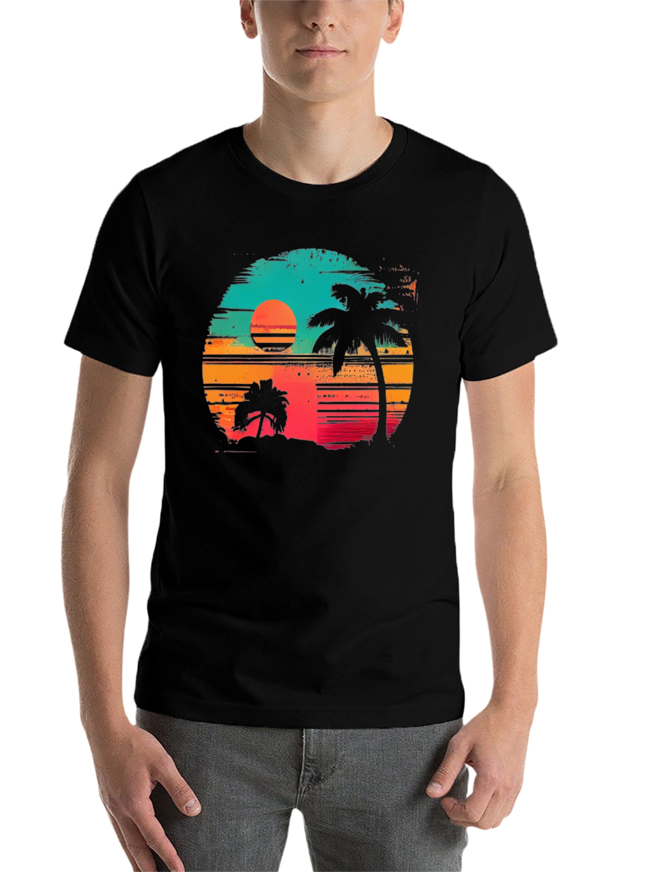 Black Retro Sunset Palm Tree Graphic T-Shirt view 7