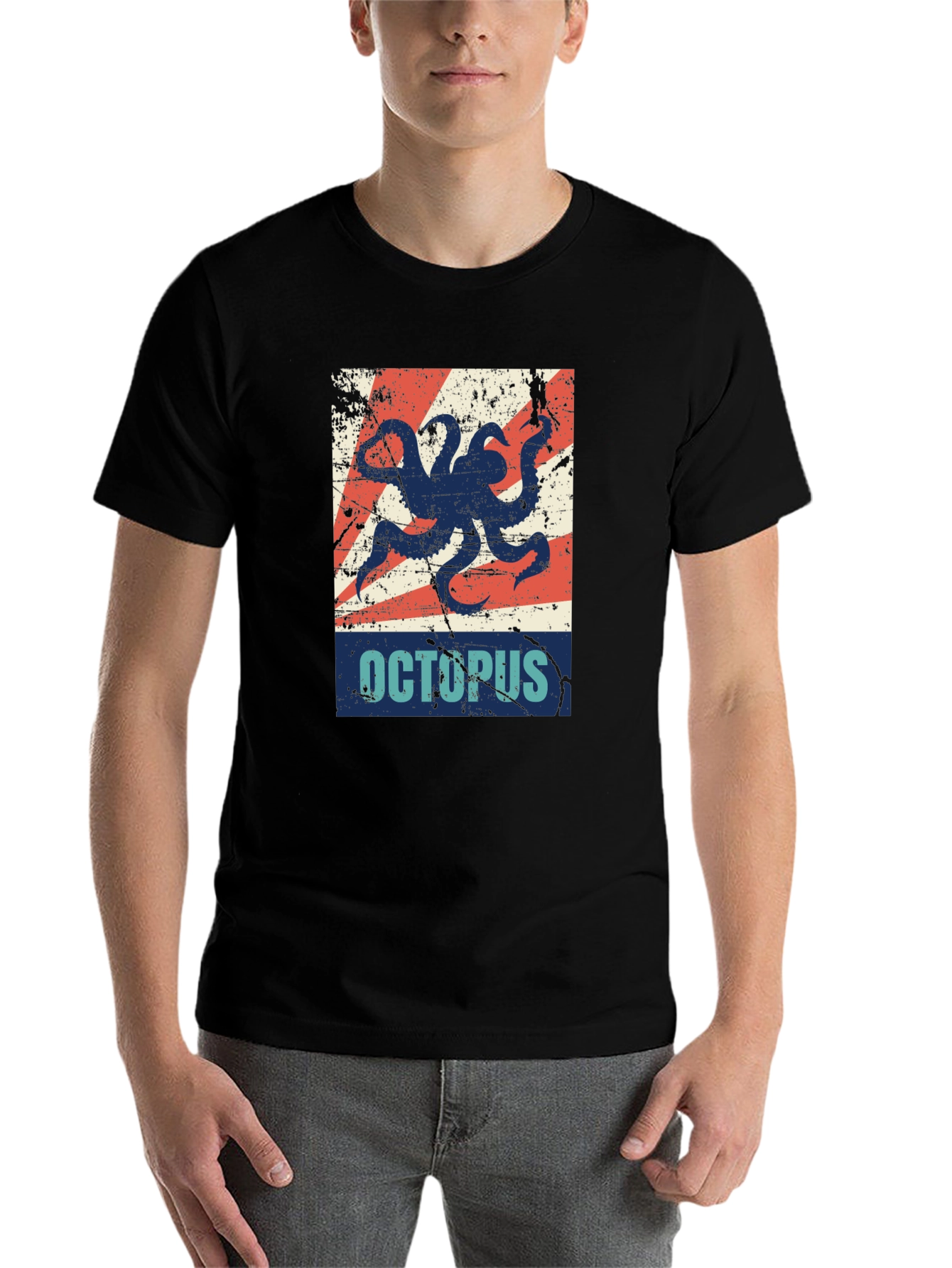Black Distressed Octopus Graphic T-Shirt - Men's Black Tee view 7