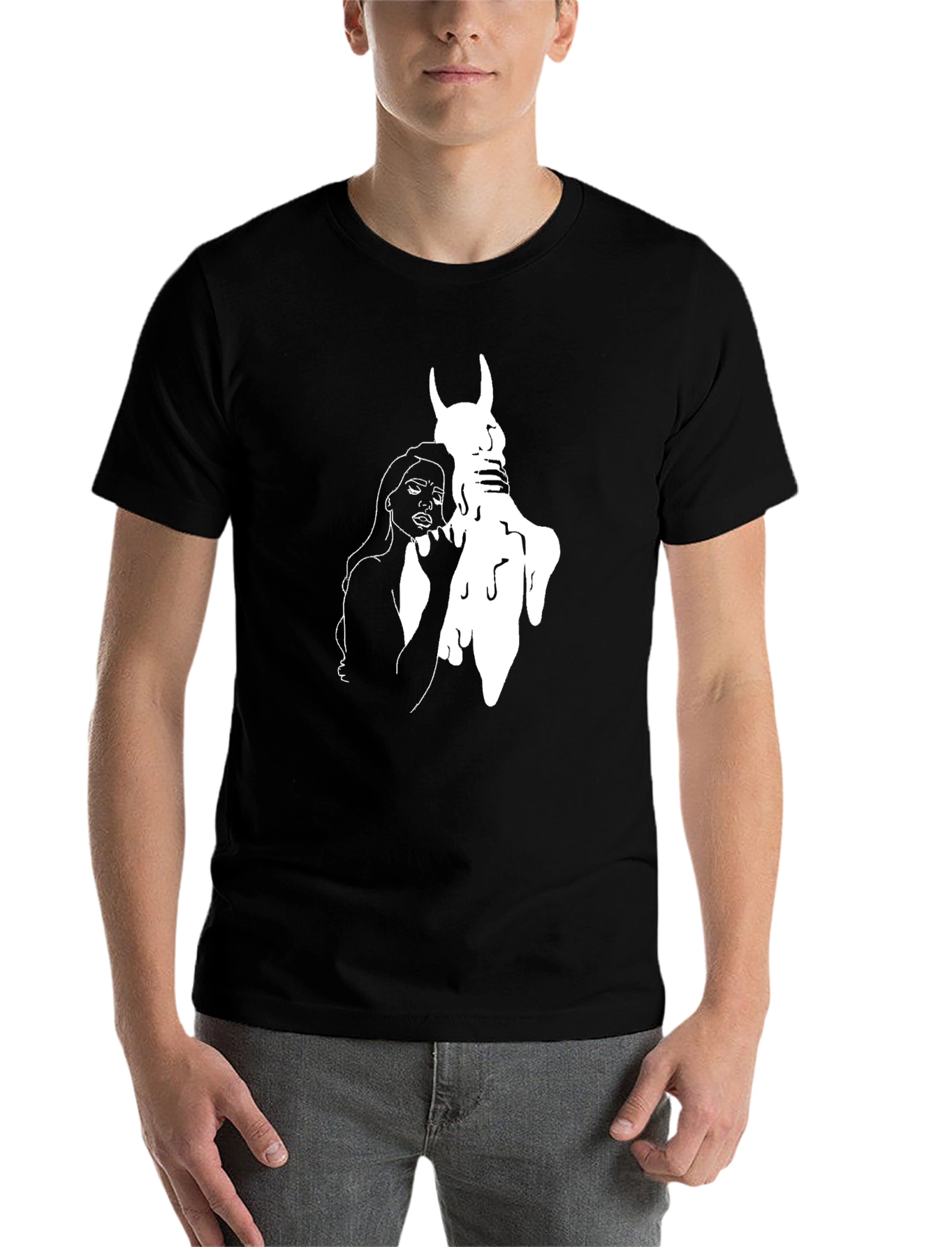 Black Black T-Shirt with Gothic Woman and Horned Figure Graphic view 7