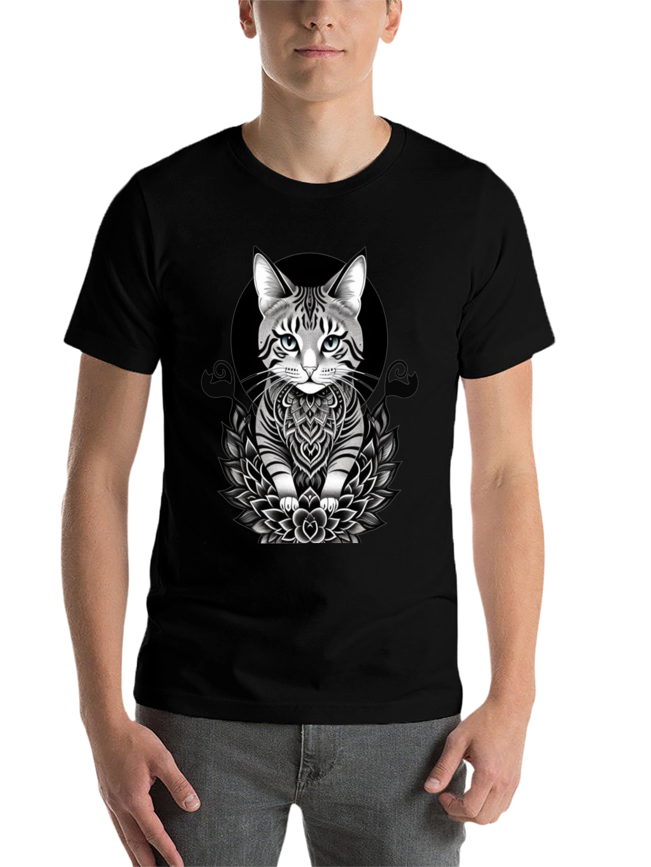 Black Cat Mandala T-Shirt - Artistic Graphic Tee view 7