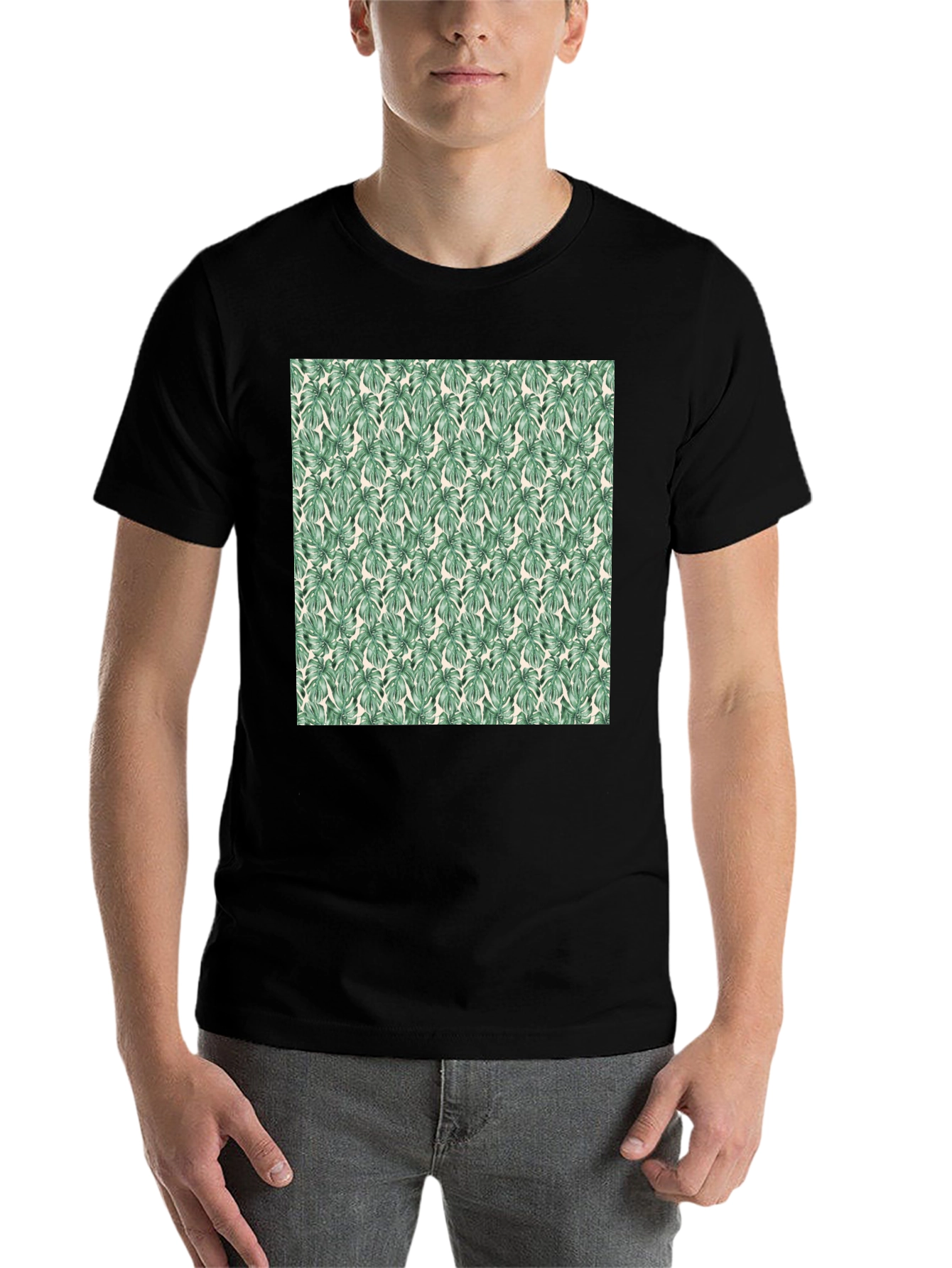 Black Tropical Leaf Print Black T-Shirt view 7