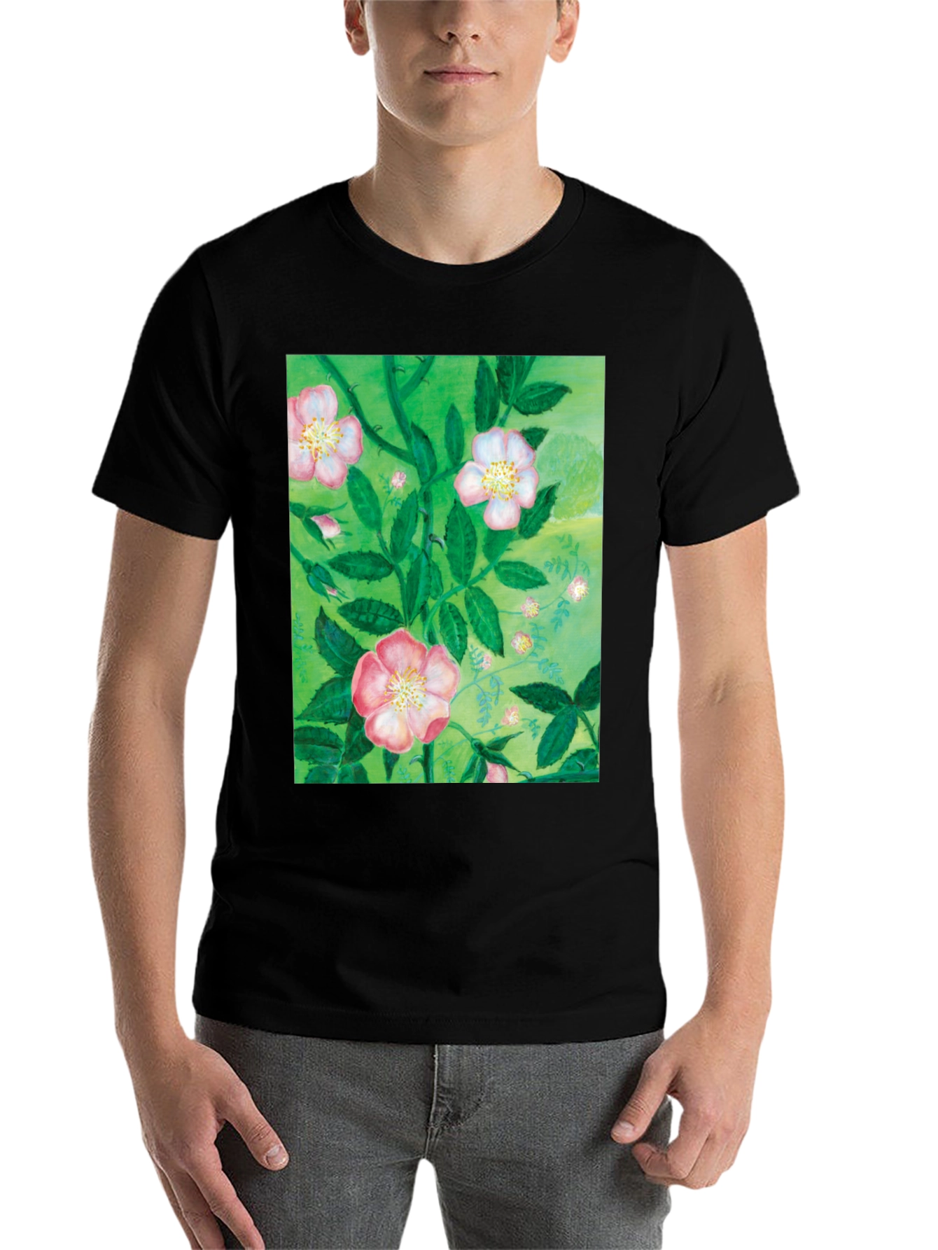 Black Floral Print T-Shirt - Artistic Botanical Design view 7