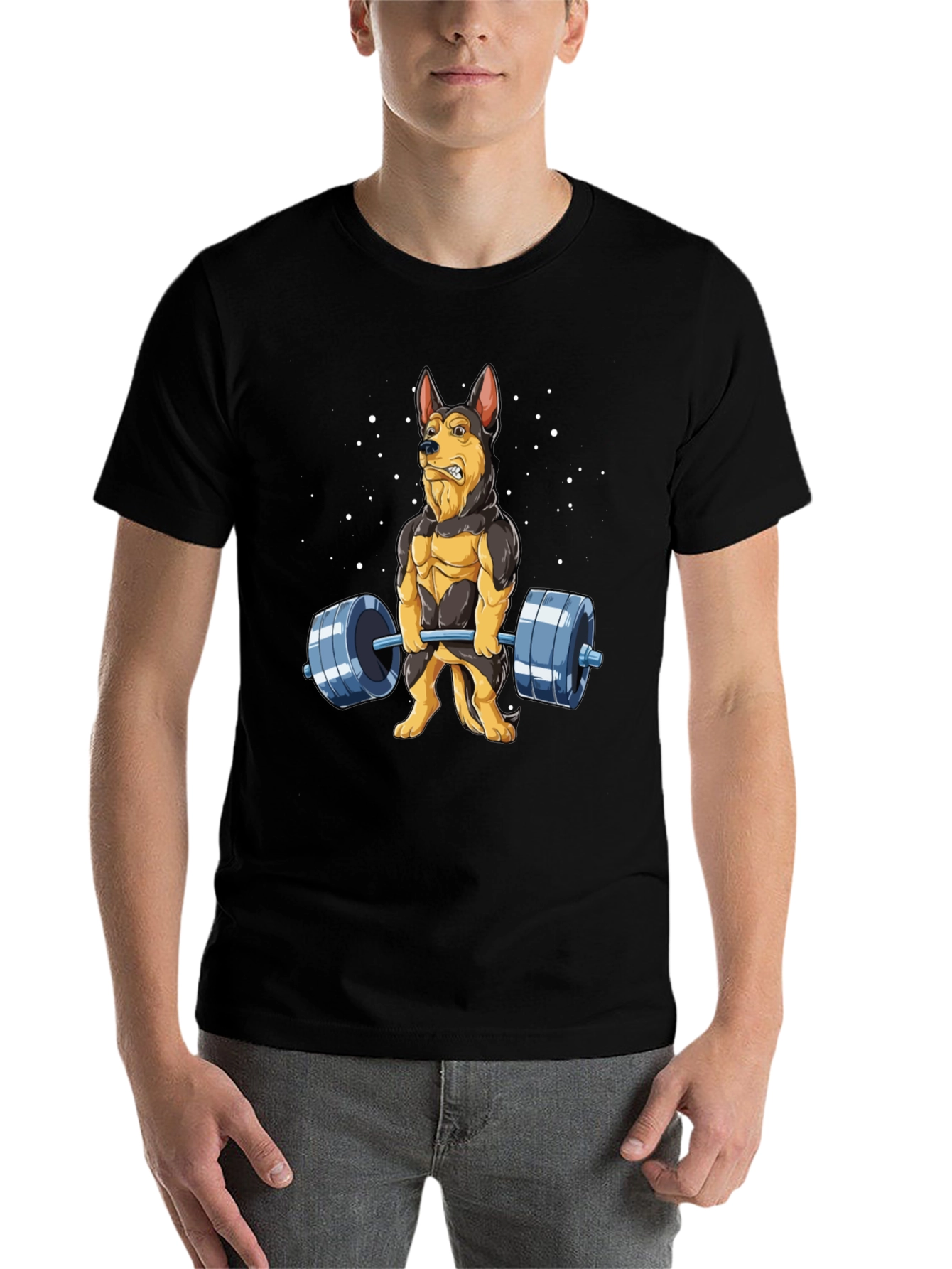 Black Funny Dog Lifting Weights T-Shirt view 7