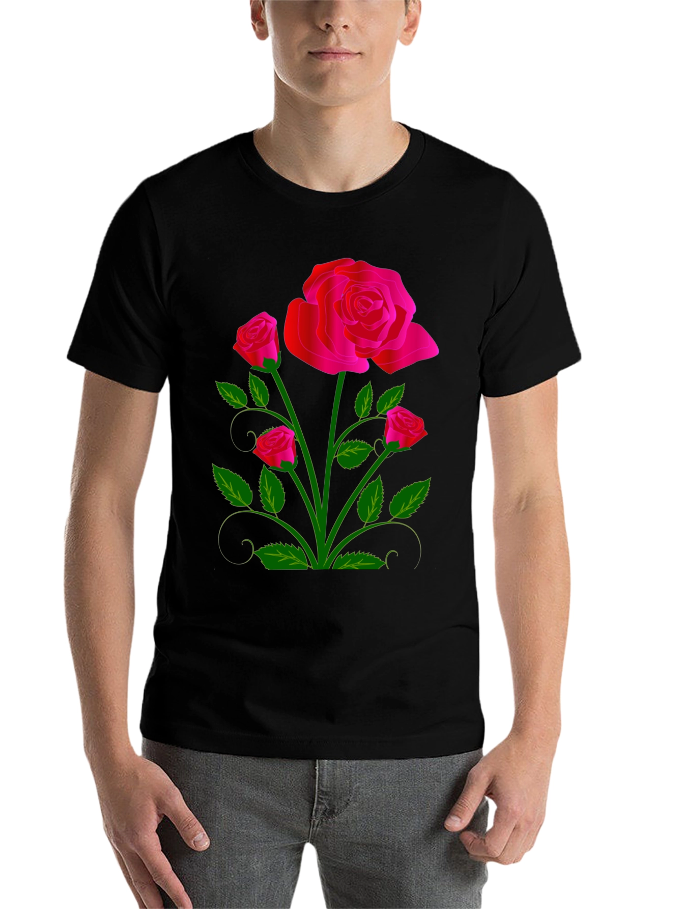 Black Black T-Shirt with Vivid Floral Rose Design view 7