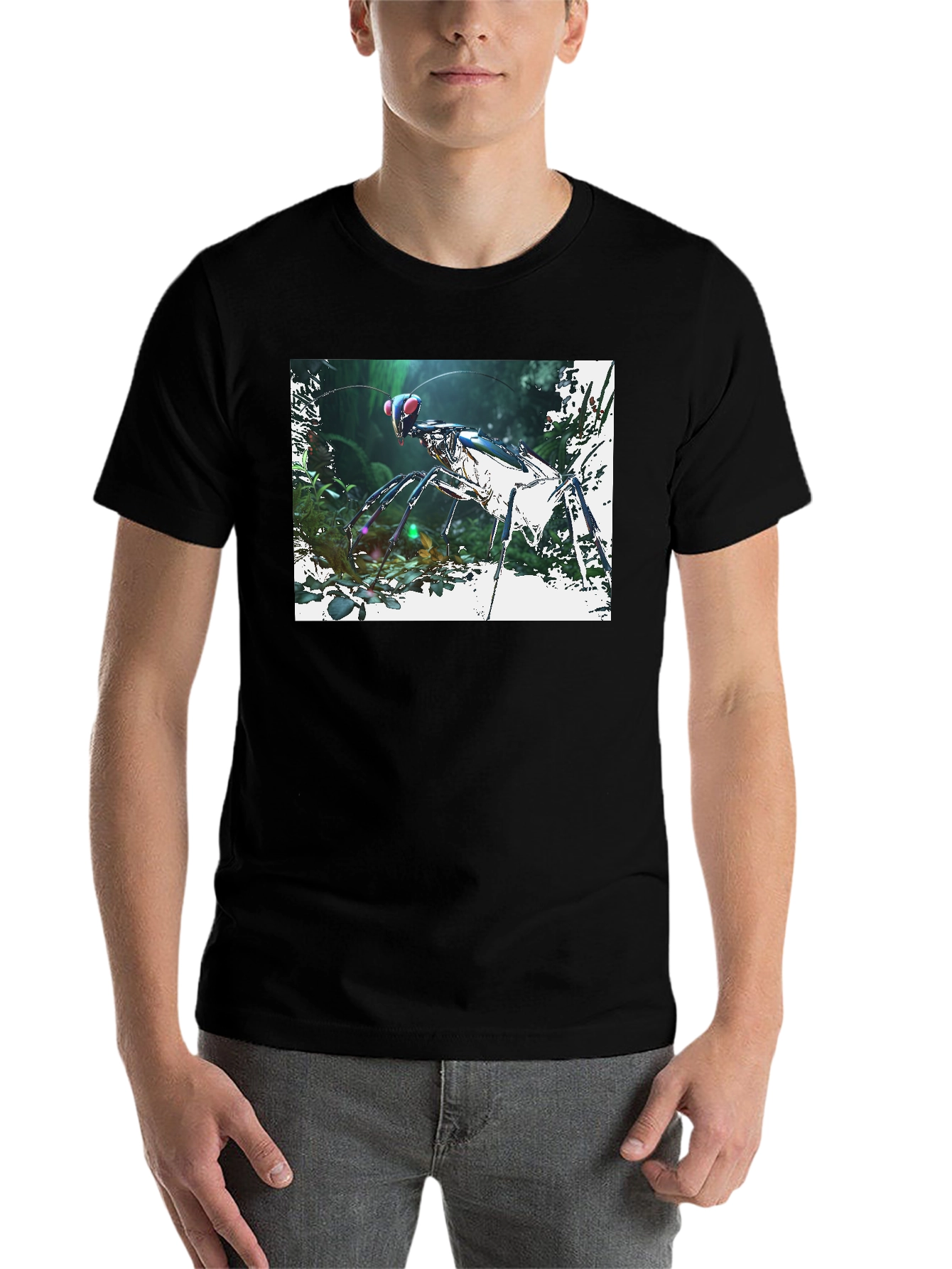 Black Futuristic Praying Mantis Graphic T-Shirt view 7