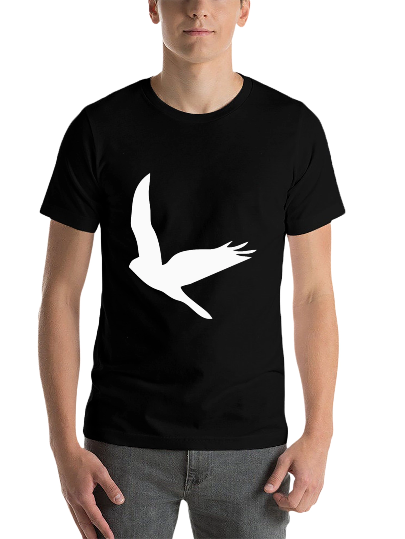 Black Black T-Shirt with White Bird Print view 7