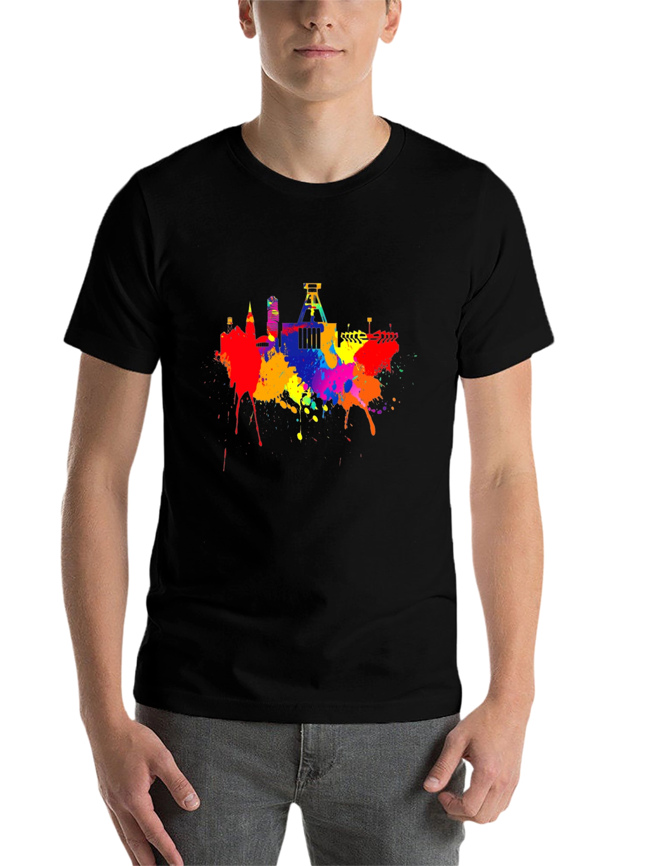Black Colorful Skyline Splatter Graphic Tee view 7