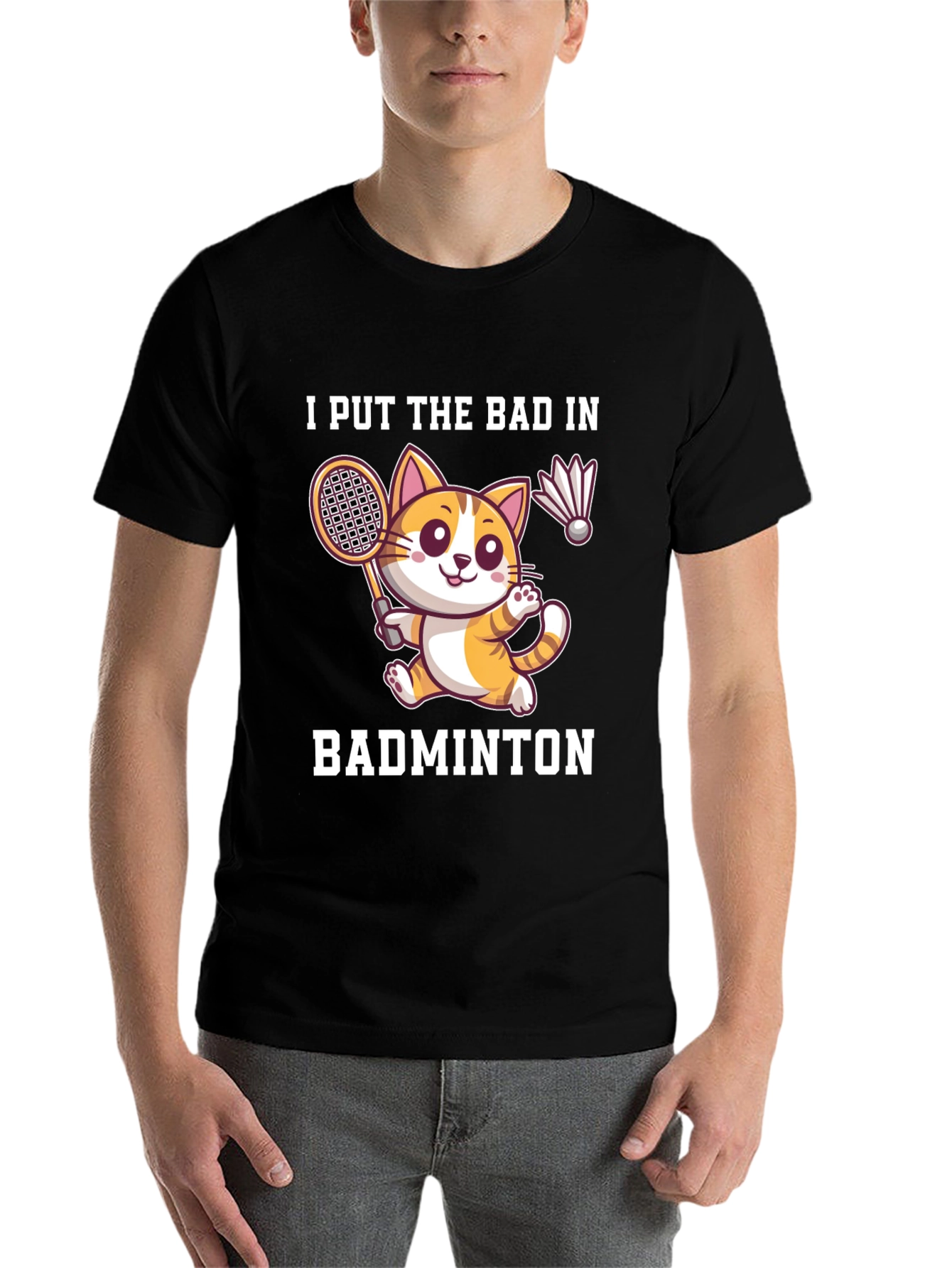 Black Badminton Cat Graphic Tee - Funny Sport Shirt view 7