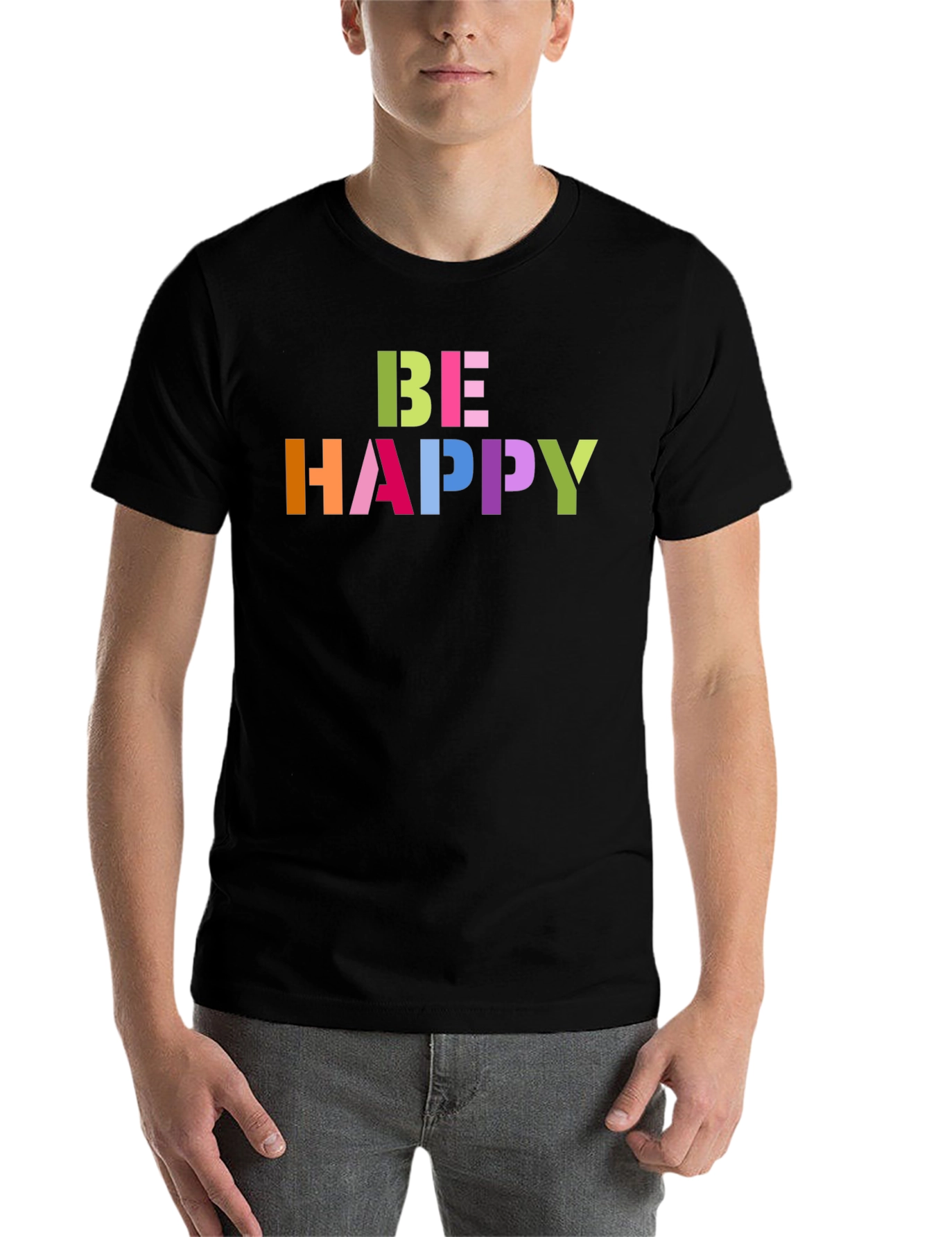 Black Be Happy Graphic Tee - Colorful Lettering, Black T-Shirt view 7