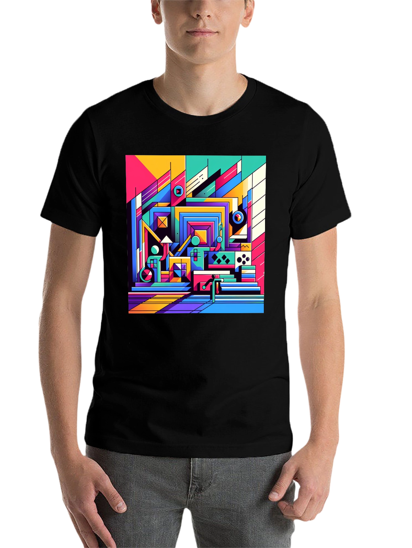 Black Retro Geometric Art T-Shirt - Bold Colorful Design view 7