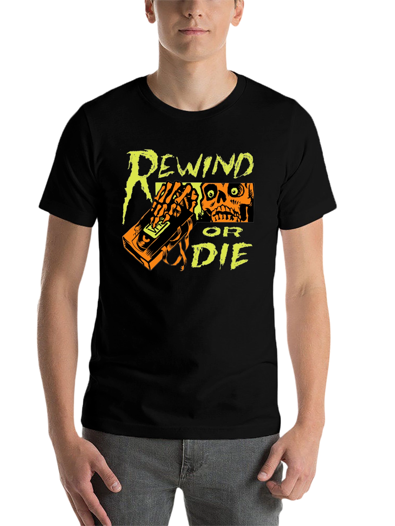 Black Rewind or Die Graphic Tee - VHS Tape Skull T-Shirt view 7