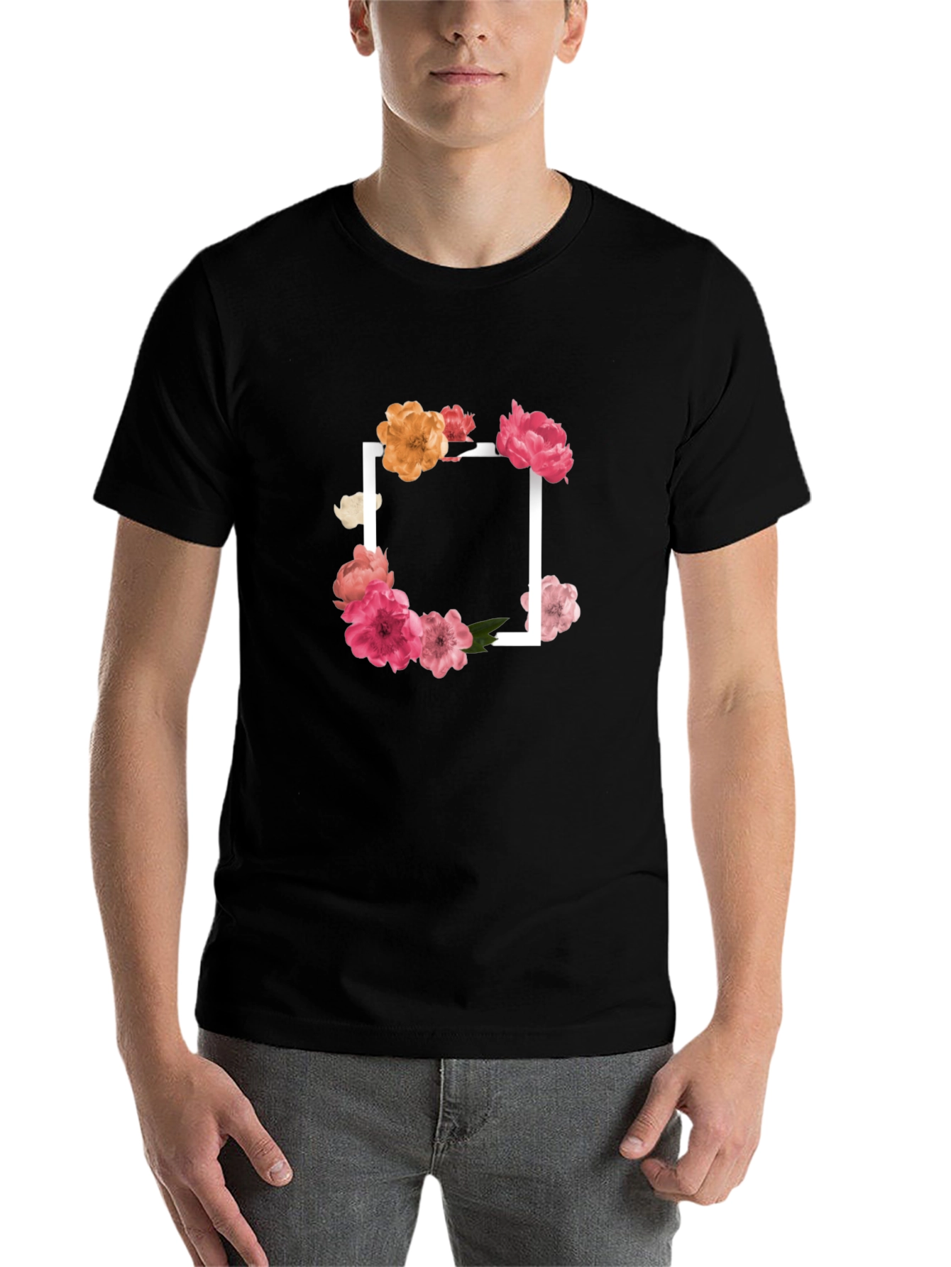 Black Floral Frame Black T-Shirt view 7