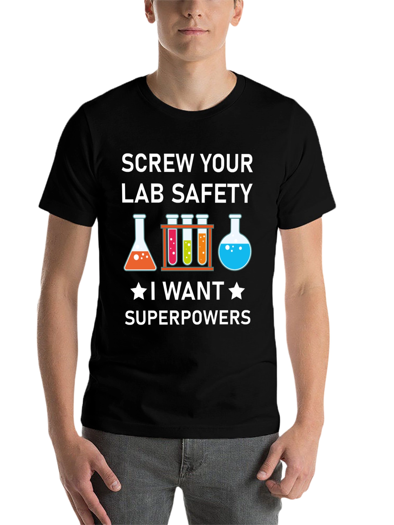 Black Screw Your Lab Safety T-Shirt: Superpowers Graphic Tee view 7