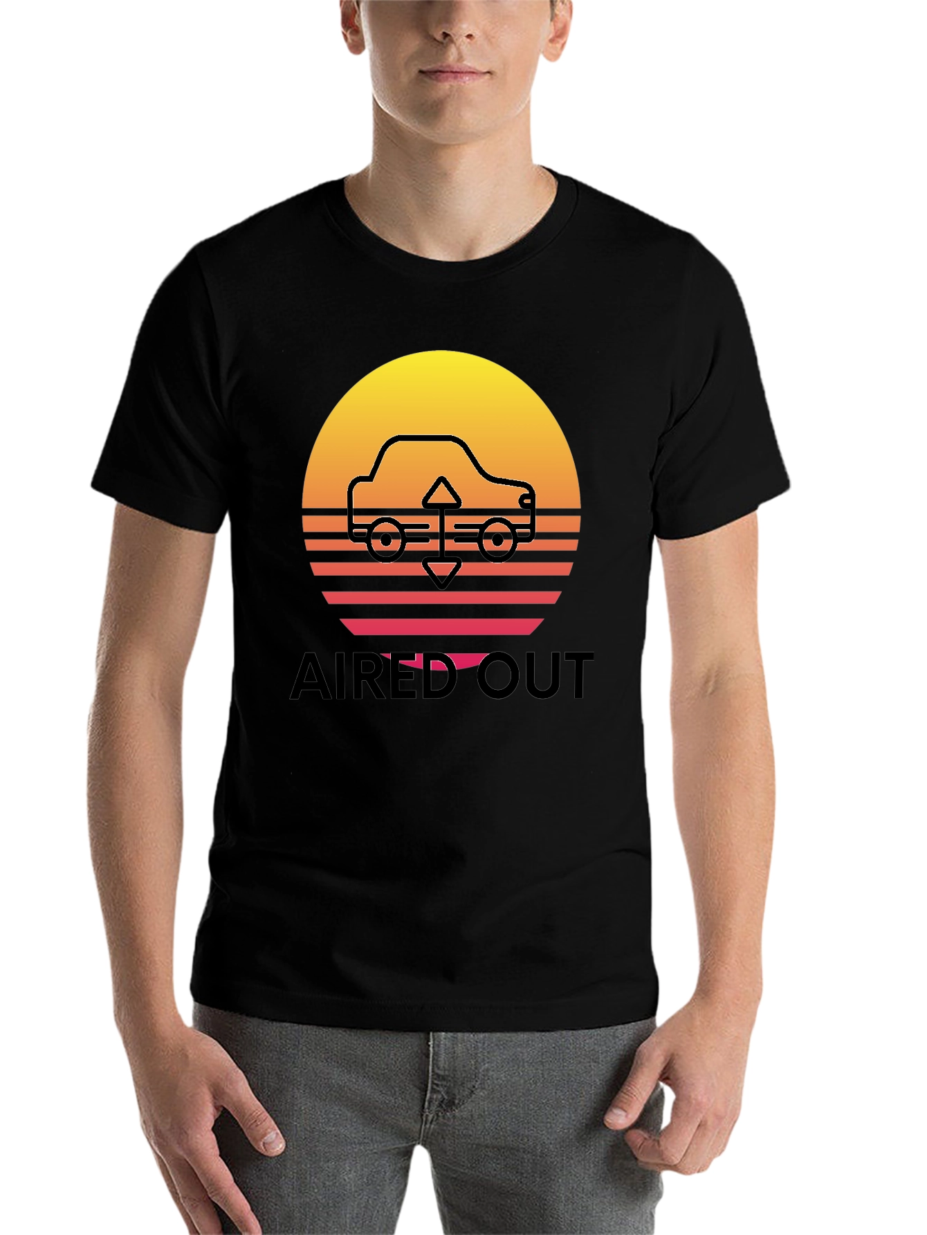 Black Aired Out Car Graphic Tee - Retro Sunset Design view 7